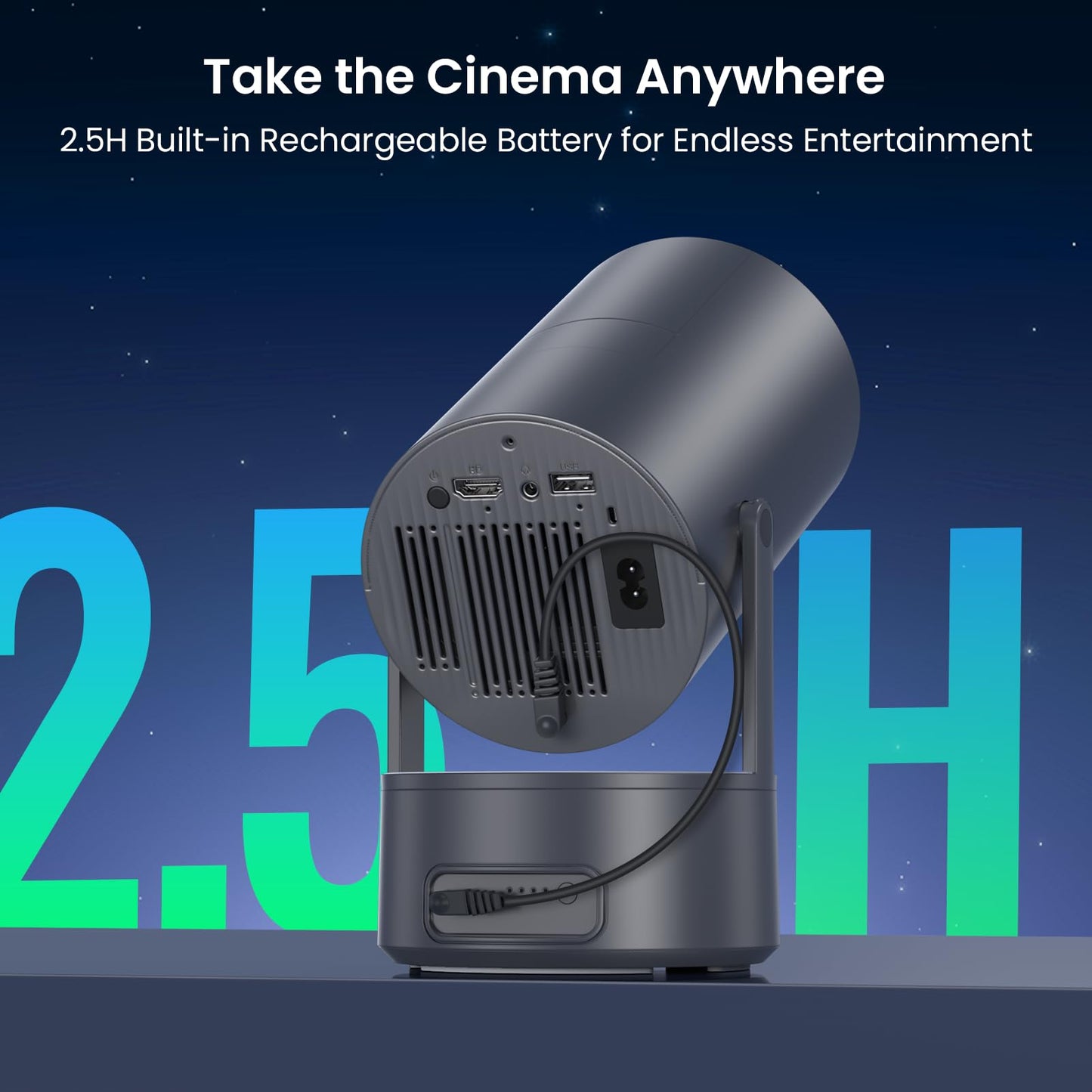 WISHOLY Projector with WiFi and Bluetooth, Mini Portable Projector with Built-in Rechargeable Battery for Outdoor, 1080P Supported, Electric Focus & Auto Keystone, Home Theater with 210° Mount