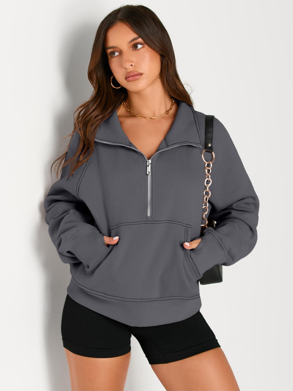 AUTOMET Womens Sweatshirts Half Zip Cropped Pullover Fleece Quarter Zipper Sweater Hoodies 2025 Fall Fashion Outfits Clothes DarkDrey Small