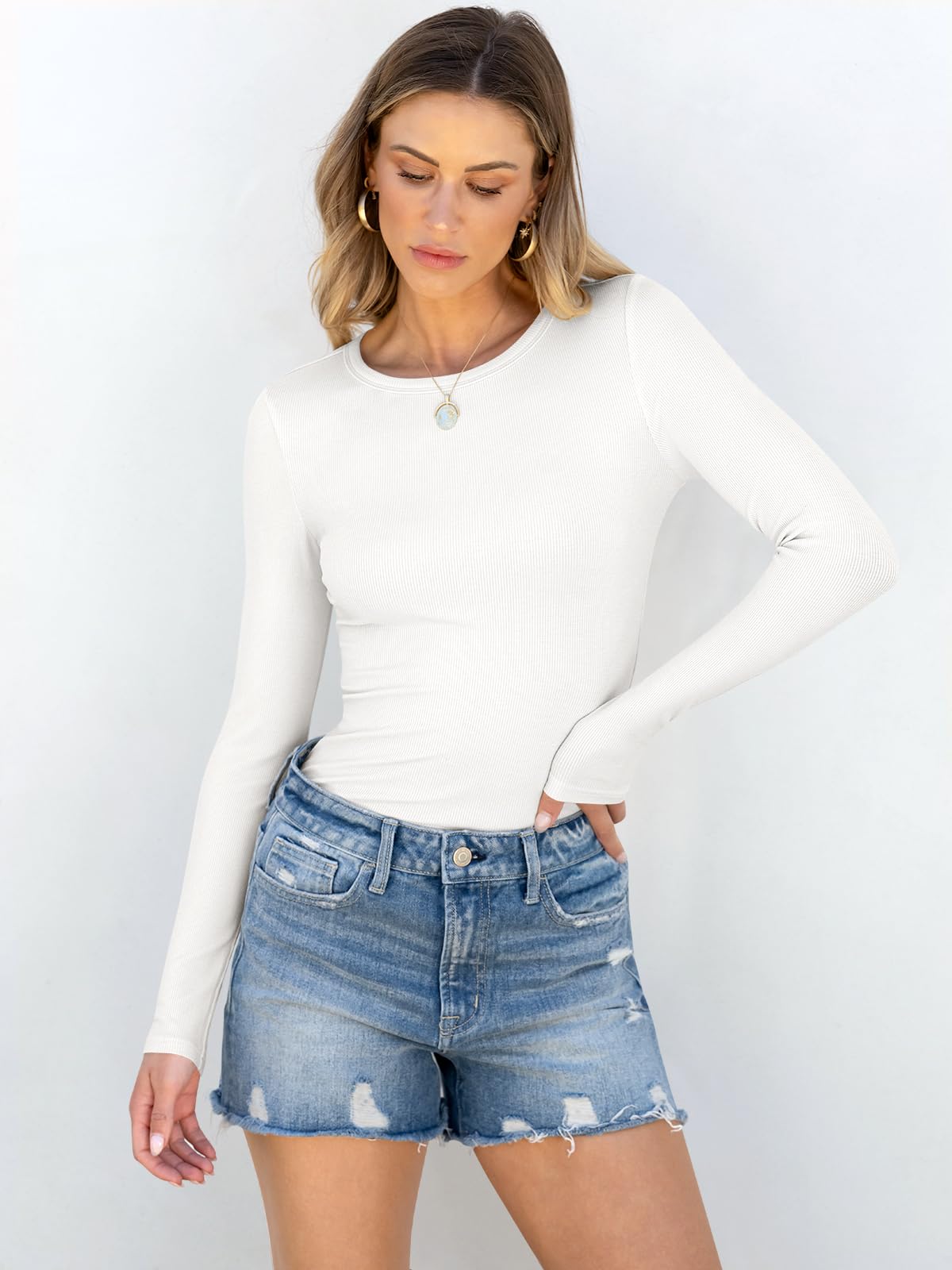 ANRABESS Women Long Sleeve Crewneck Rib Knit Slim Fit Shirts Basic Tee Tops 2025 Casual T-Shirt Underscrubs Layer Outfits White X-Large