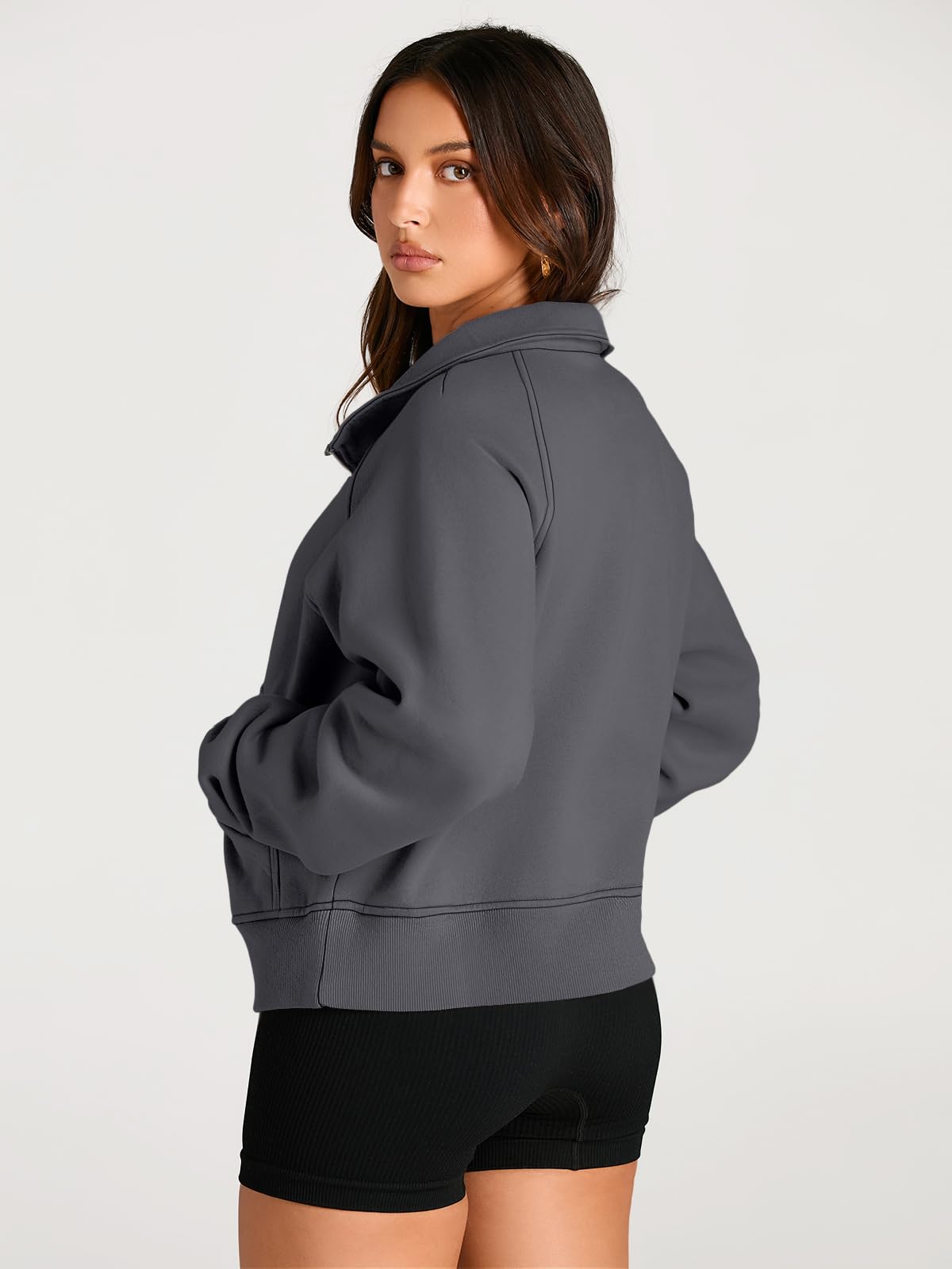 AUTOMET Womens Sweatshirts Half Zip Cropped Pullover Fleece Quarter Zipper Sweater Hoodies 2025 Fall Fashion Outfits Clothes DarkDrey Small