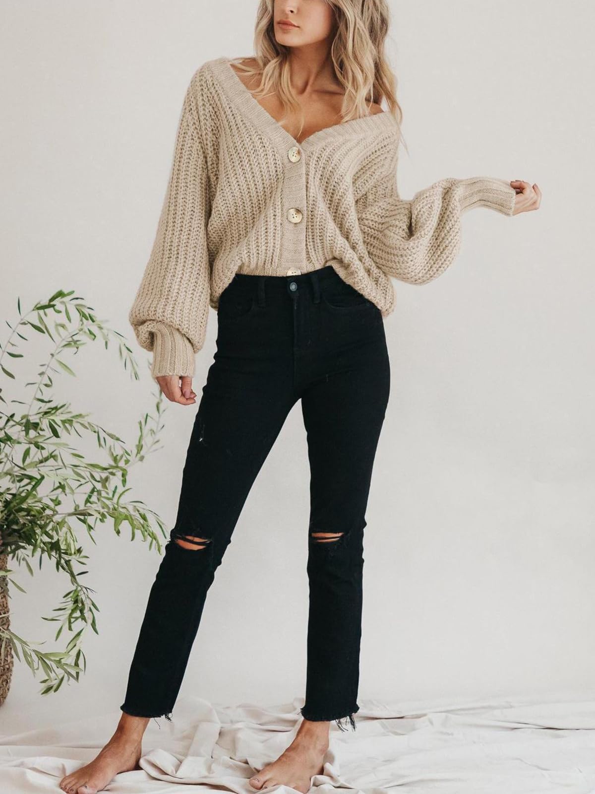 PRETTYGARDEN Women's Long Sleeve Plain Button Down Sweater Classic V-Neck Knit Cardigan Open Loose Outwear Coats (Apricot,Small)