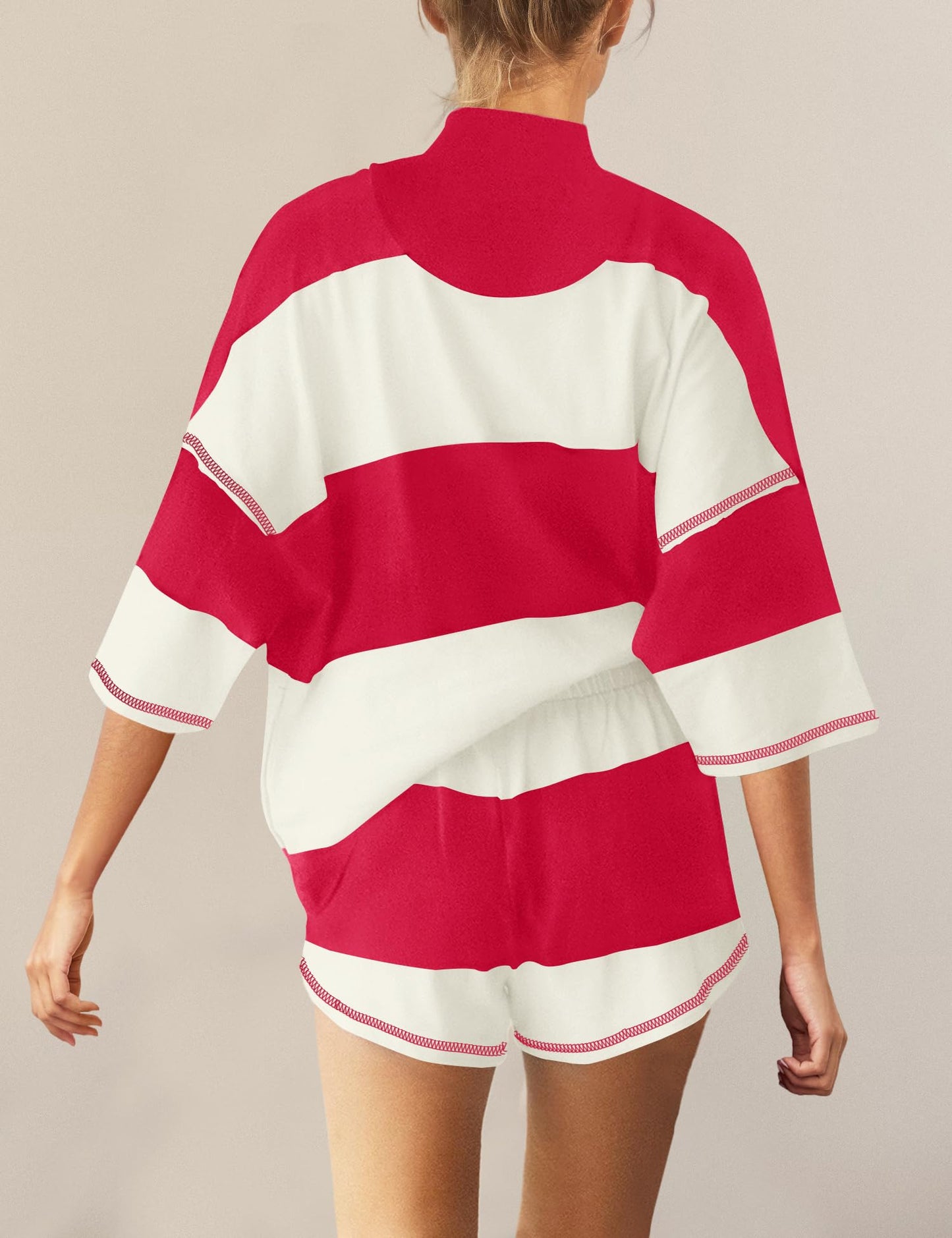 Panadila Women Striped Workout Set Two Piece Outfit Tracksuit Oversized Lounge Set Top and Shorts Sets with Pockets(Red White Combo,M)