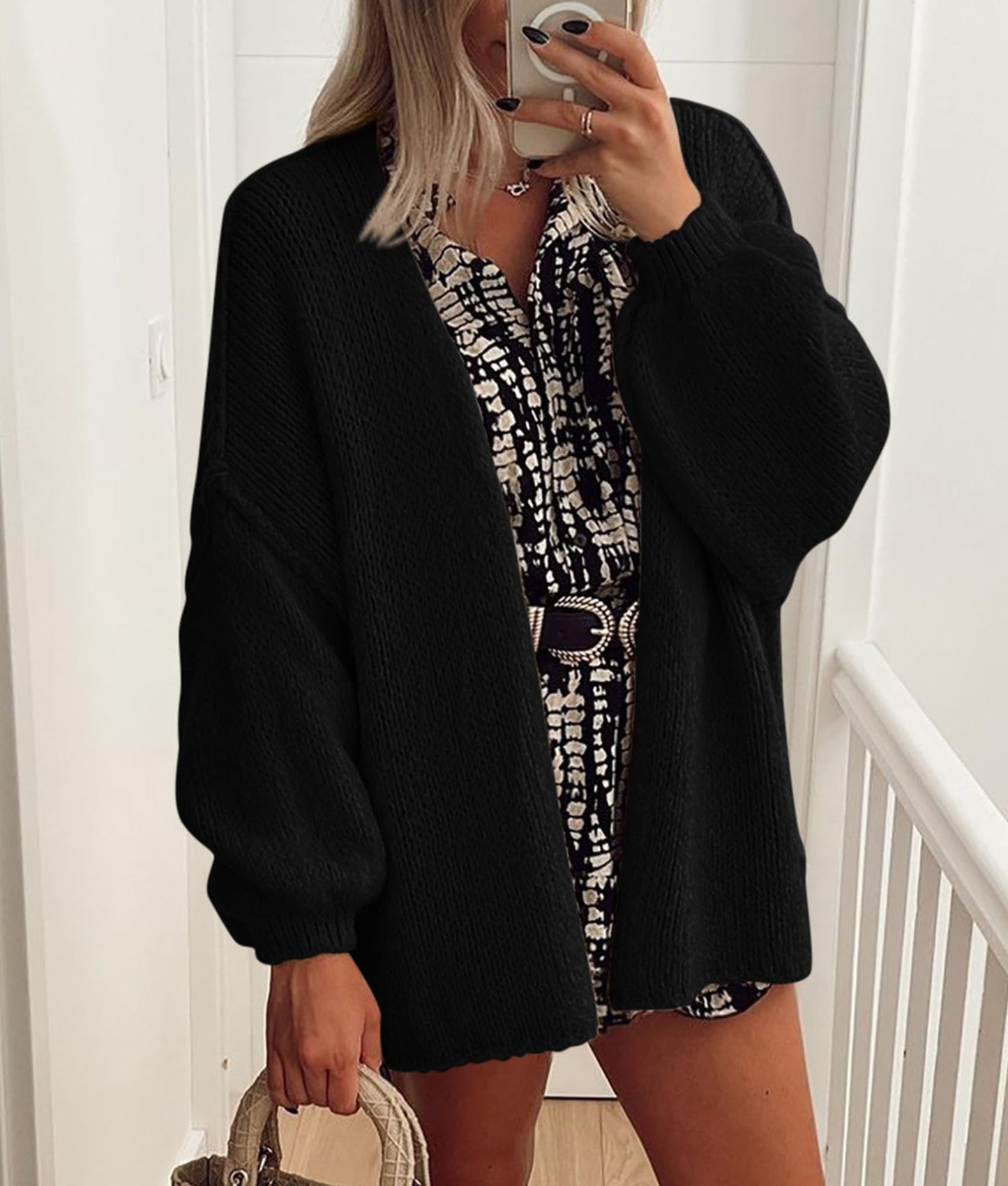 PRETTYGARDEN Womens Oversized Cardigan Sweaters 2025 Fall Long Lantern Sleeve Knit Open Front Lightweight Sweater (Black,Small)