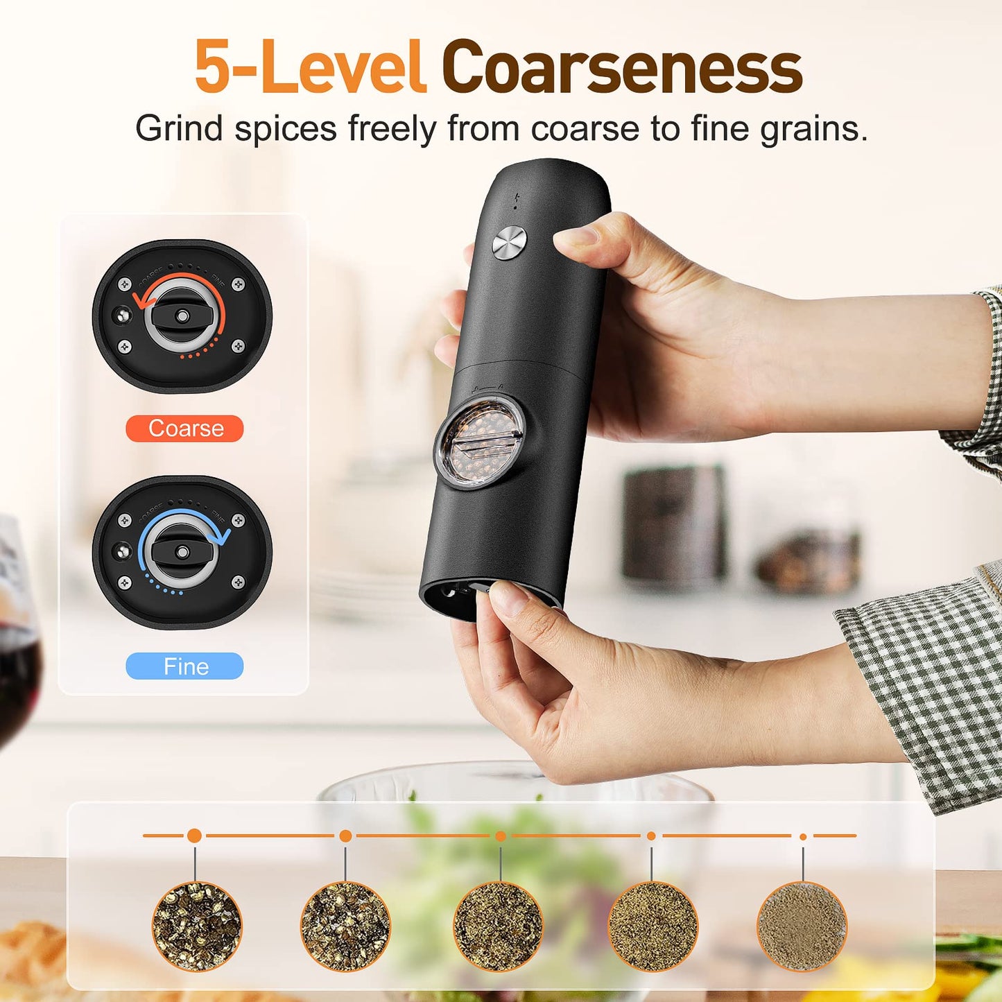 Electric Salt and Pepper Grinder Set:Rechargeable Automatic Pepper Mill Grinder with LED Light, Adjustable Coarseness shakers, One-Hand Operation for Kitchen(1 Pack,Black)