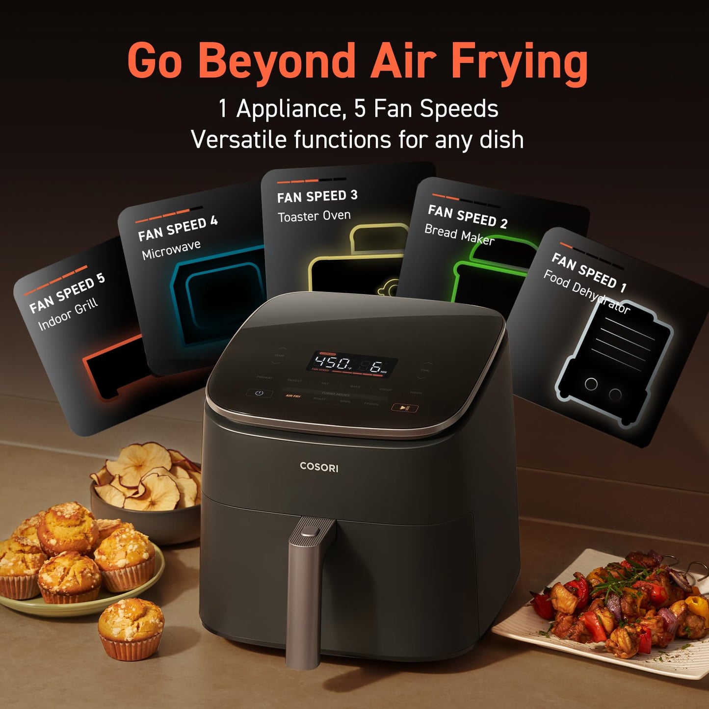 COSORI Air Fryer 9-in-1, Compact & Large 6-Qt, Fast Turbo Modes, 90โ450ยฐF Precise Heat for Even Results, Up to 95% Less Oil*, Roast, Bake, Dry, Reheat, Frozen, Broil, Proof, 120V, TurboBlaze, Ceramic