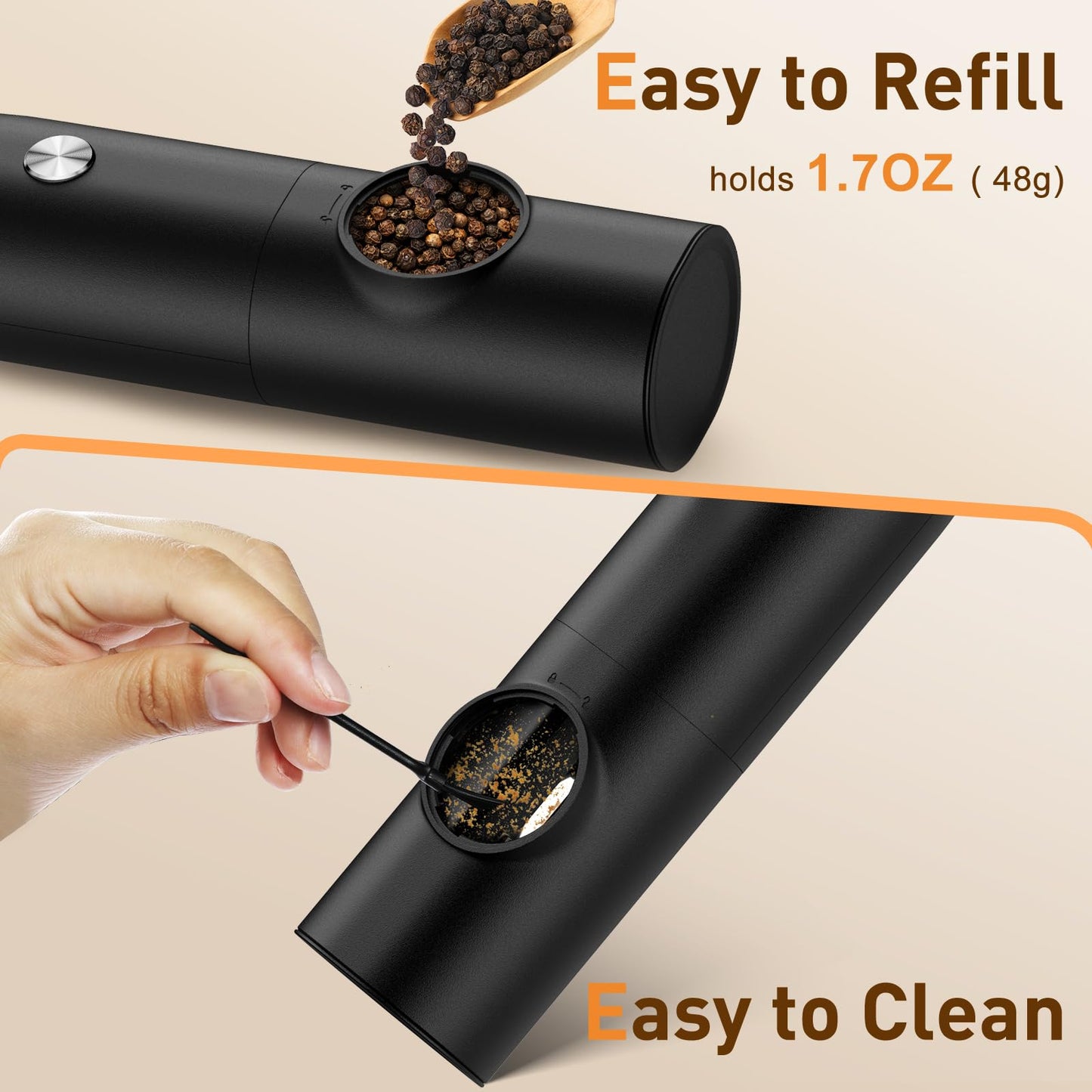 Electric Salt and Pepper Grinder Set:Rechargeable Automatic Pepper Mill Grinder with LED Light, Adjustable Coarseness shakers, One-Hand Operation for Kitchen(1 Pack,Black)