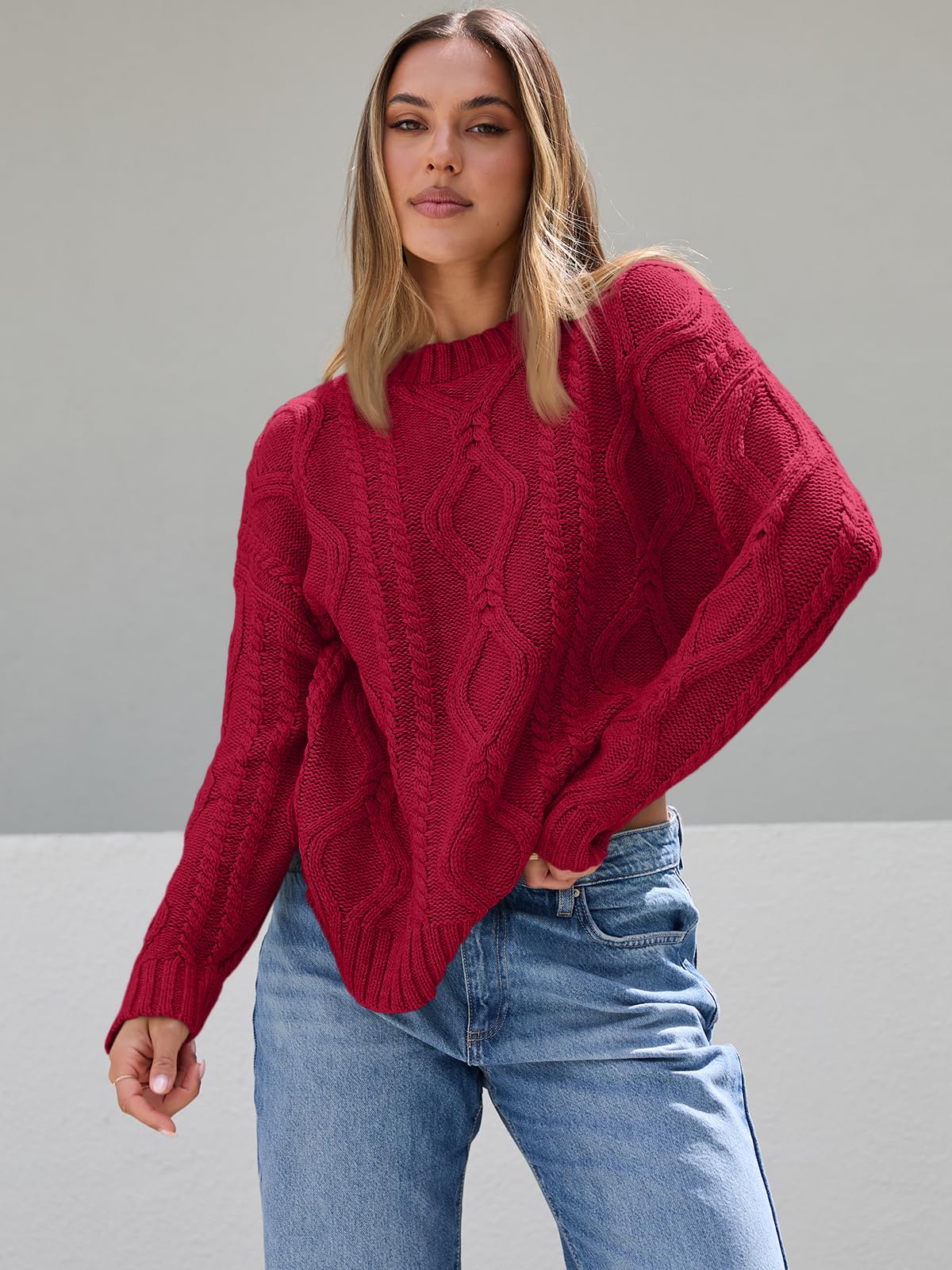 Trendy Queen Oversized Sweaters Womens 2025 Fall Fashion Outfits Cable Knit Crewneck Plus Size Pullover Cute Chunky Long Tunic Top Winter Old Money Clothes with Leggings Clothing Red