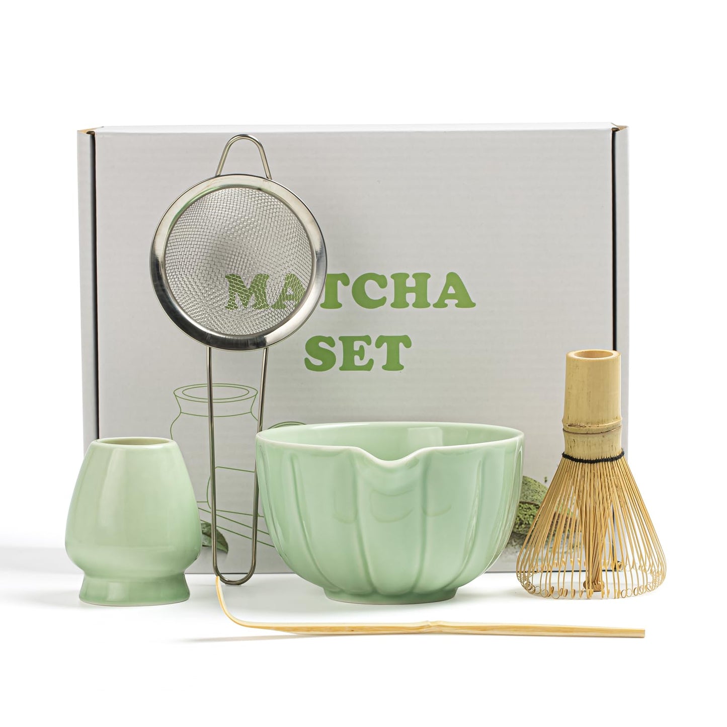 SFTXEY Matcha Whisk Set, Matcha Bowl with Spout, Matcha Whisk, Chasen Holder, Sifter, Bamboo Scoop - 5 Pcs Perfect Matcha Making Kit for Matcha Lover and Tea Ceremony (Emerald Green)