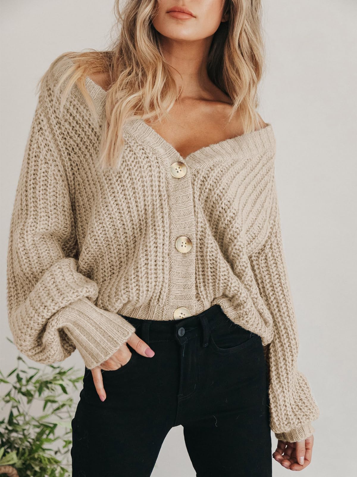 PRETTYGARDEN Women's Long Sleeve Plain Button Down Sweater Classic V-Neck Knit Cardigan Open Loose Outwear Coats (Apricot,Small)