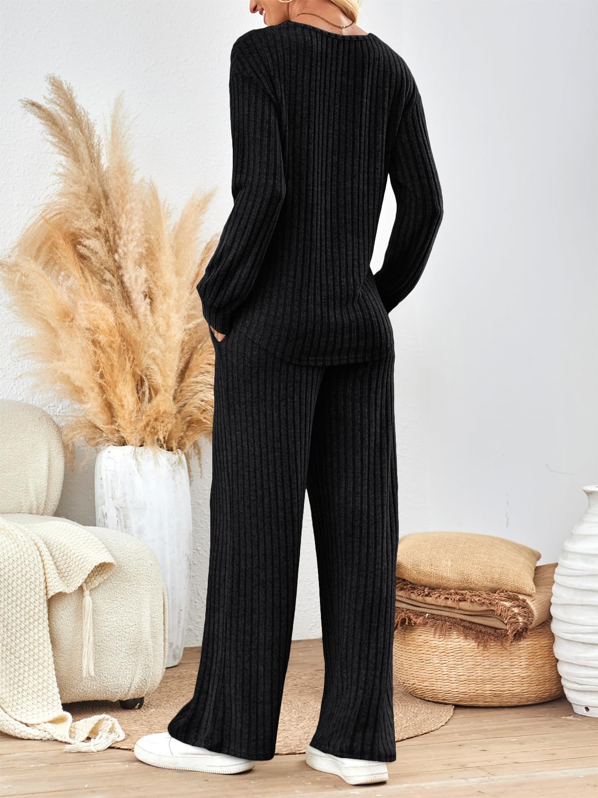 LILLUSORY Lounge Sets for Women 2 Piece Cute Long Sleeve V Neck Tops Pajama Pants Pjs Sets Sleepwears Fall Clothes Outfits Black XL