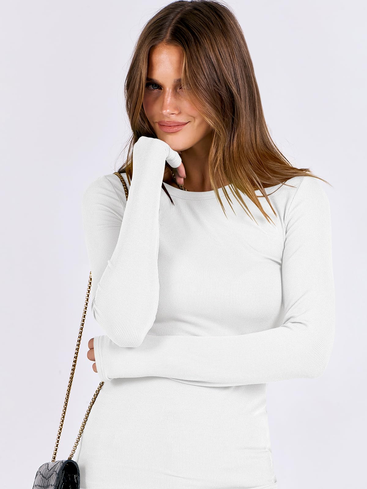 ANRABESS Women Long Sleeve Crewneck Rib Knit Slim Fit Shirts Basic Tee Tops 2025 Casual T-Shirt Underscrubs Layer Outfits White X-Large