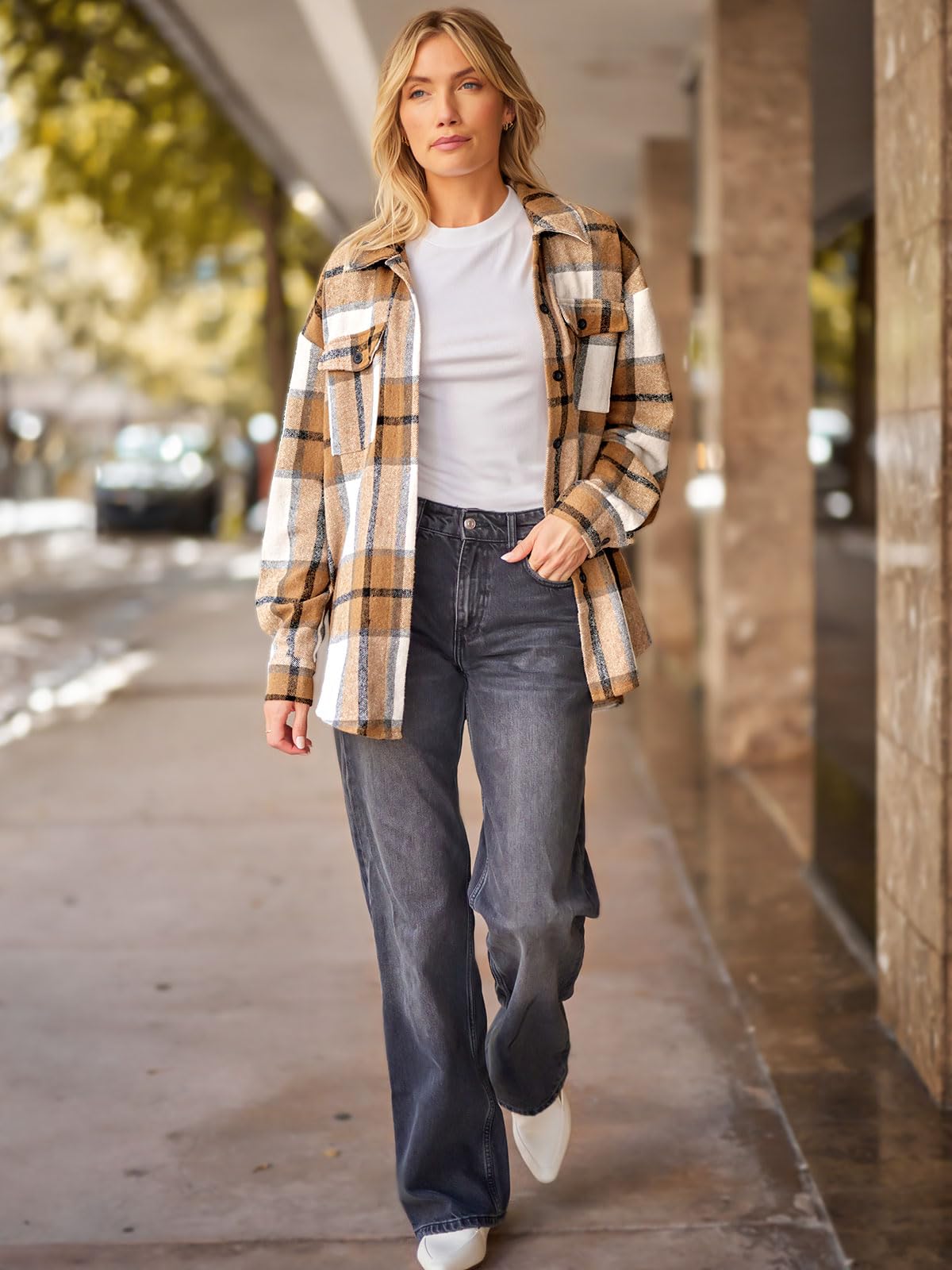 AUTOMET Womens Fall Outfits Fashion Clothes Shackets Flannel Plaid Button Down Long Sleeve Shirts Jackets Apricot XL