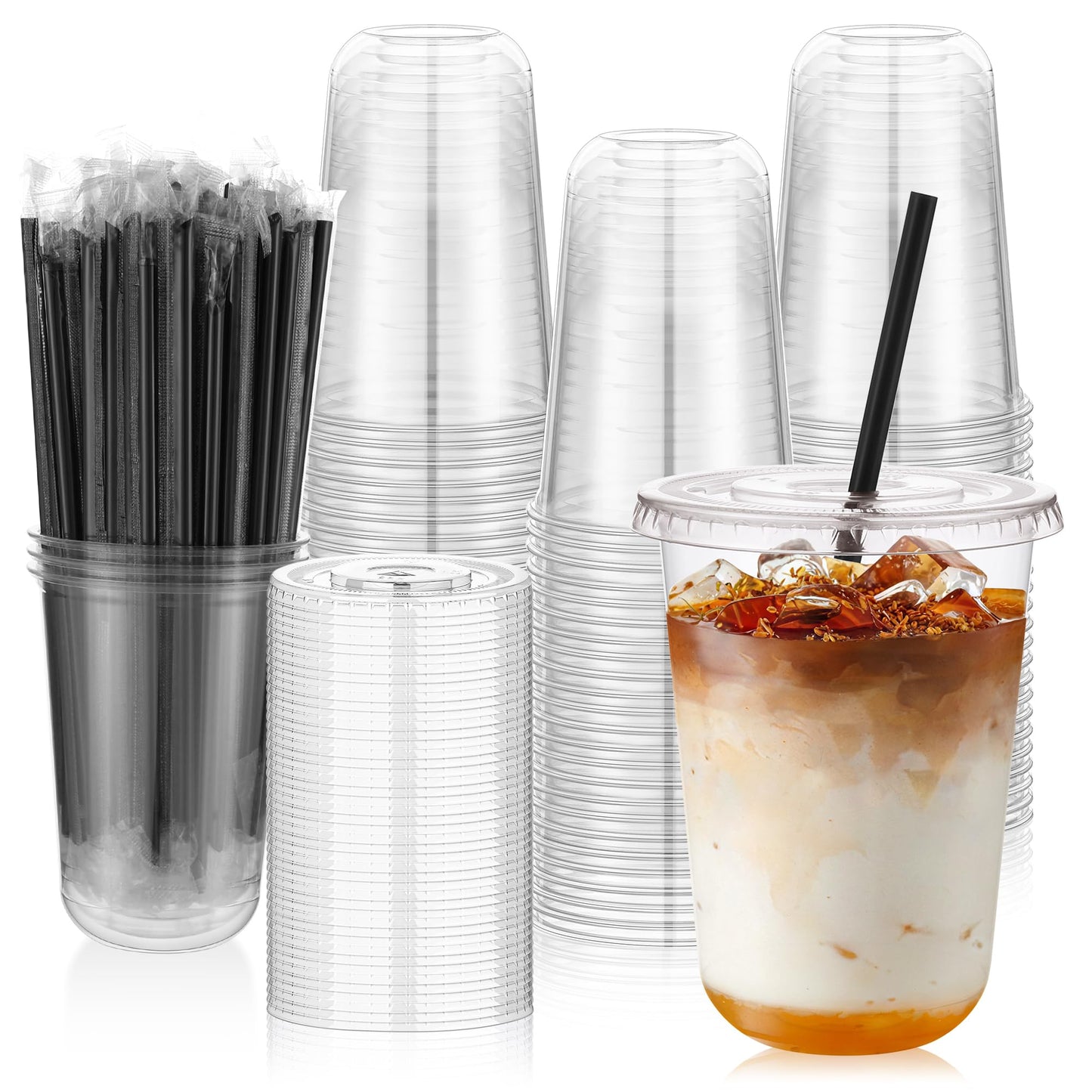 100 Set 16oz Plastic Cups with Lids and Straws, Disposable Clear Iced Coffee Cup with Lid, Round Bottom Plastic To Go Cups for Cold Drinks Slushie Smoothie Lemonade Party Picnic Coffee Shop Supplies