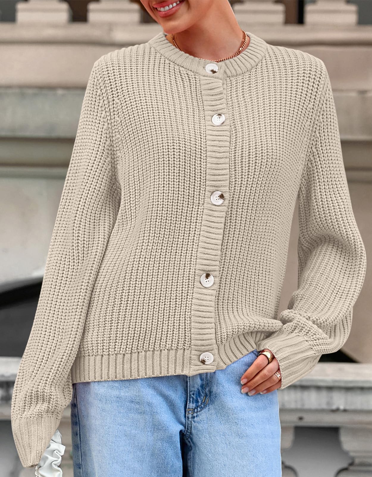 PRETTYGARDEN Womens Oversized Sweater Chunky Long Sleeve Ribbed Knit Short Fall Sweaters for Women 2025 Outfits Coat (Beige, Small)
