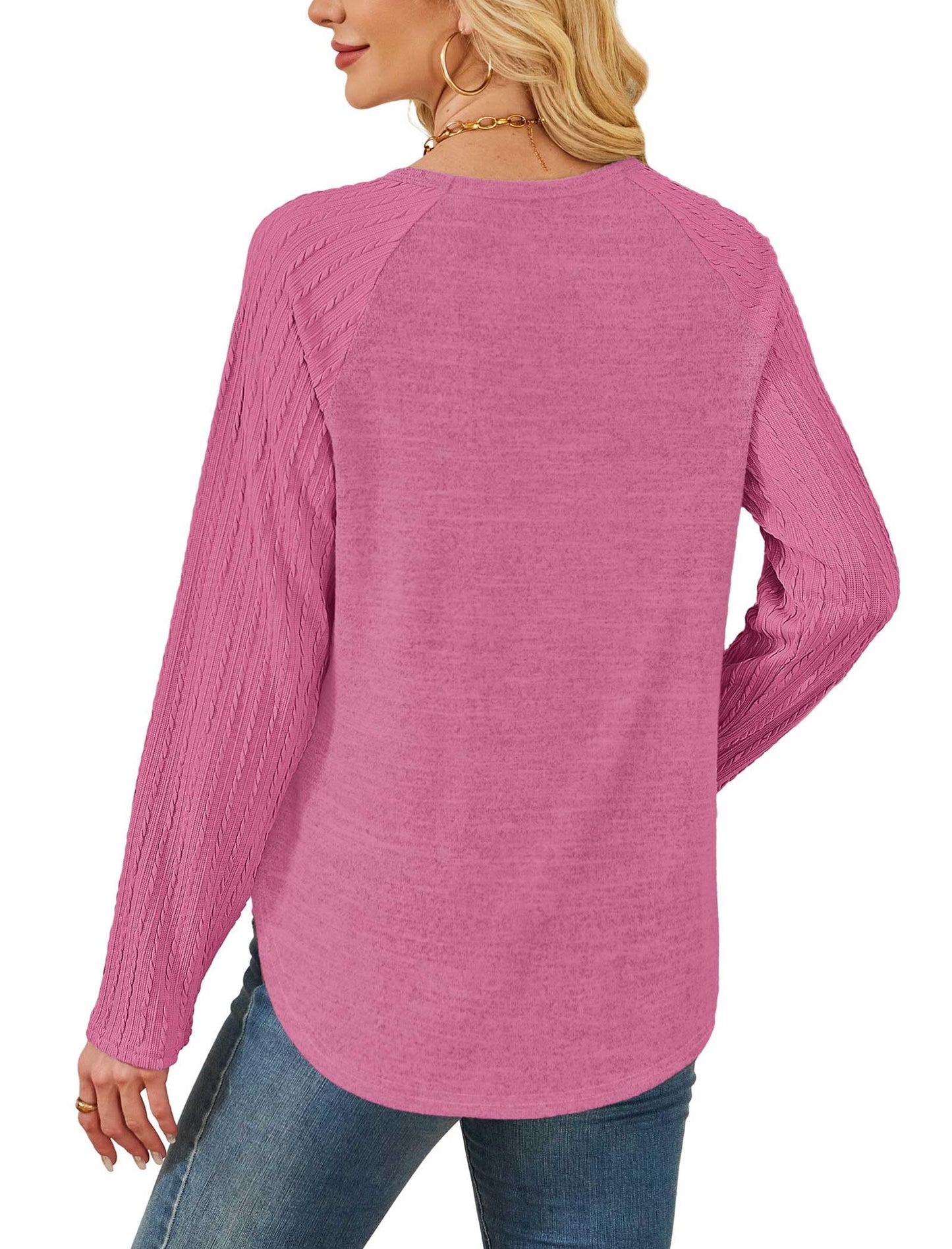 SAMPEEL Womens Clothing Teacher Shirts Long Sleeve Tunic Tops Crew Neck Sweaters Hot Pink M