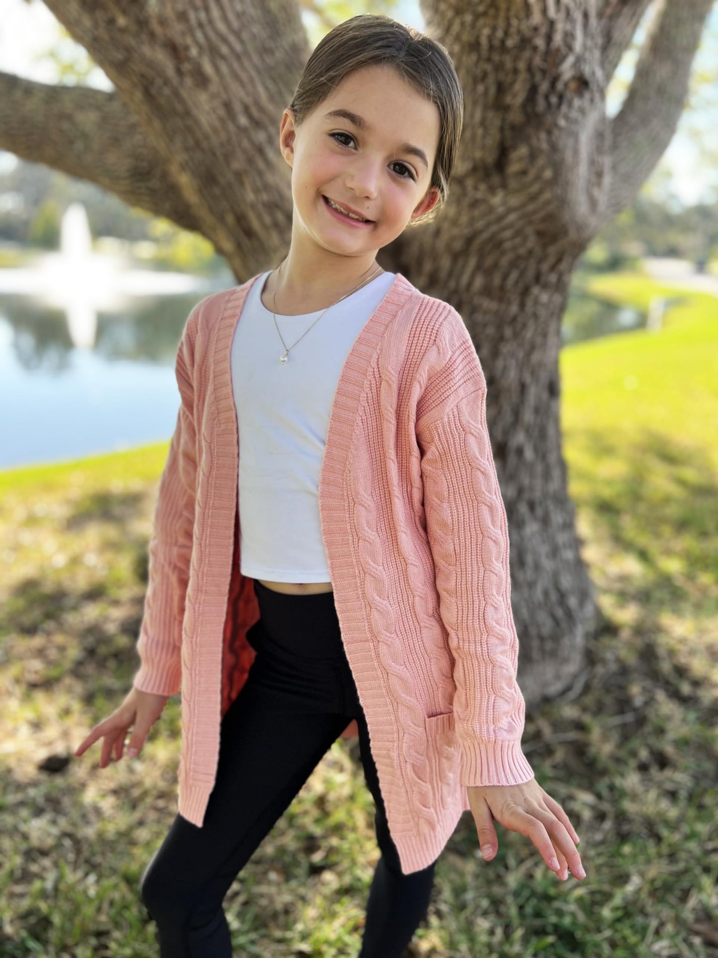 Arshiner Girls Long Sleeve Sweater Kids Plain Holiday Cardigan Clothes Thick Knit Drop Shoulder Clothing Pink