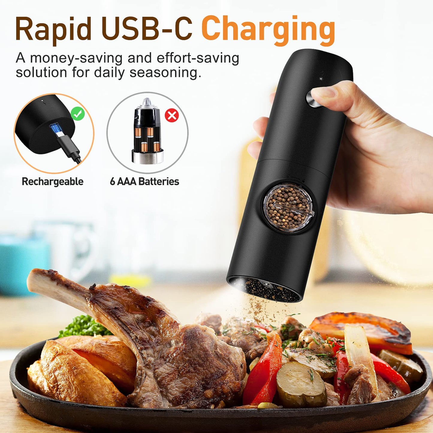 Electric Salt and Pepper Grinder Set:Rechargeable Automatic Pepper Mill Grinder with LED Light, Adjustable Coarseness shakers, One-Hand Operation for Kitchen(1 Pack,Black)