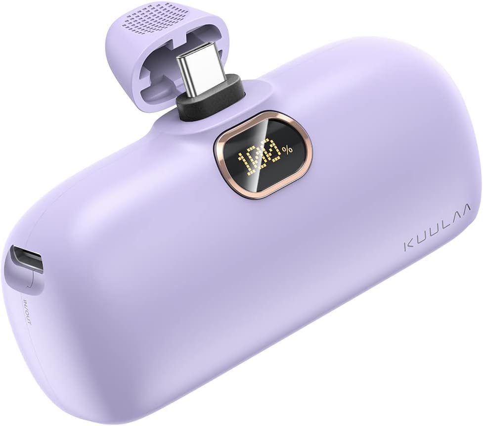 Kuulaa Portable Charger USB C with Built-in USB-C Plug, 5000mAh PD20W Fast Charging Power Bank, LCD Digital Display Battery Pack for iPhone 15/16,Samsung S22/S23 & Android (Purple)