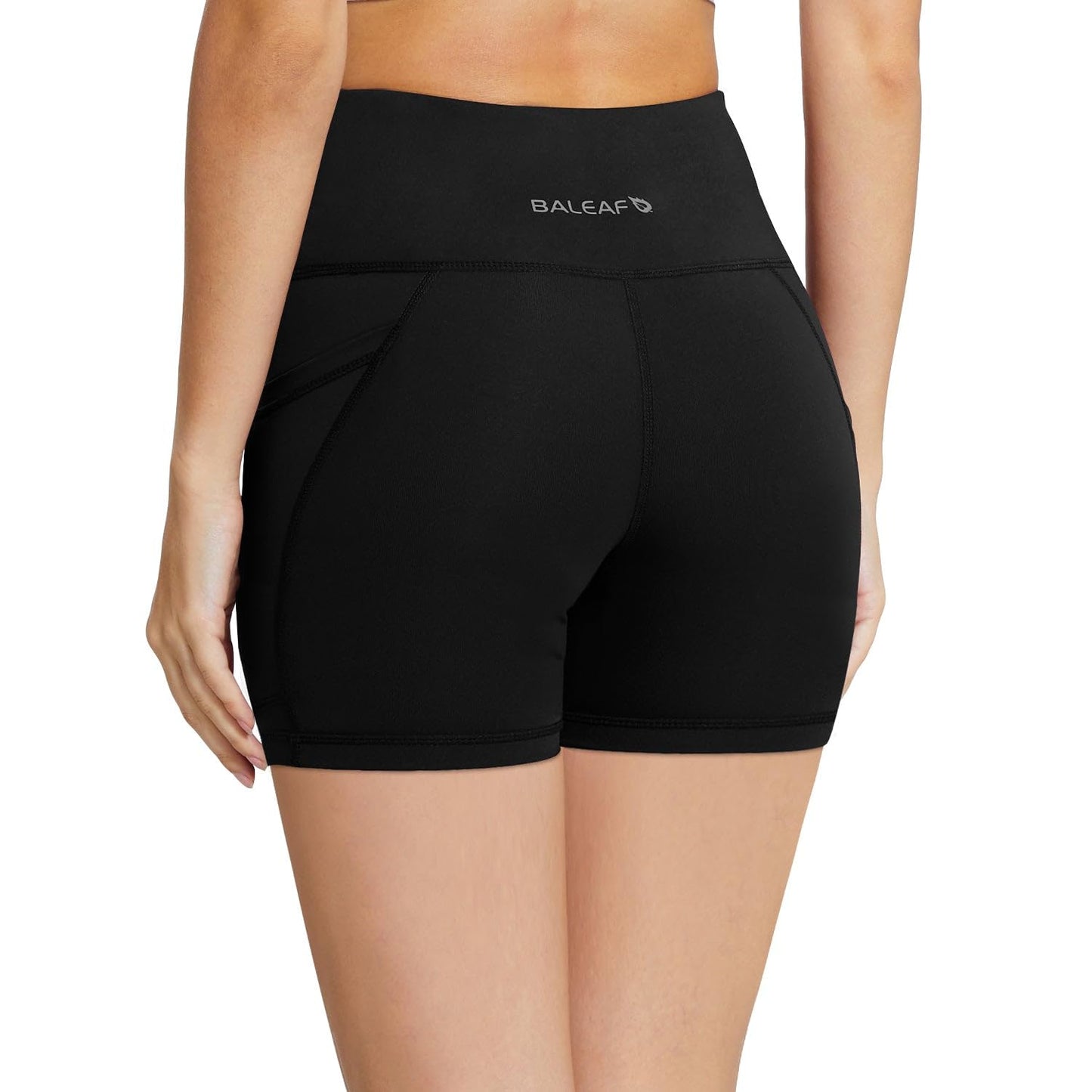 baleaf Biker Shorts Women Tummy Control Yoga Gym Workout Spandex Running Volleyball Compression with Pockets 5" Black M