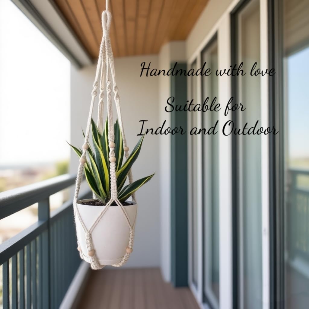 HUIHONGHOME Macrame Plant Hanger for 5-10 Inch Pot White Large Long Indoor Wall Window Crochet Hanging Plant Holder Outdoor Boho Home Decor Basket (Ivory)