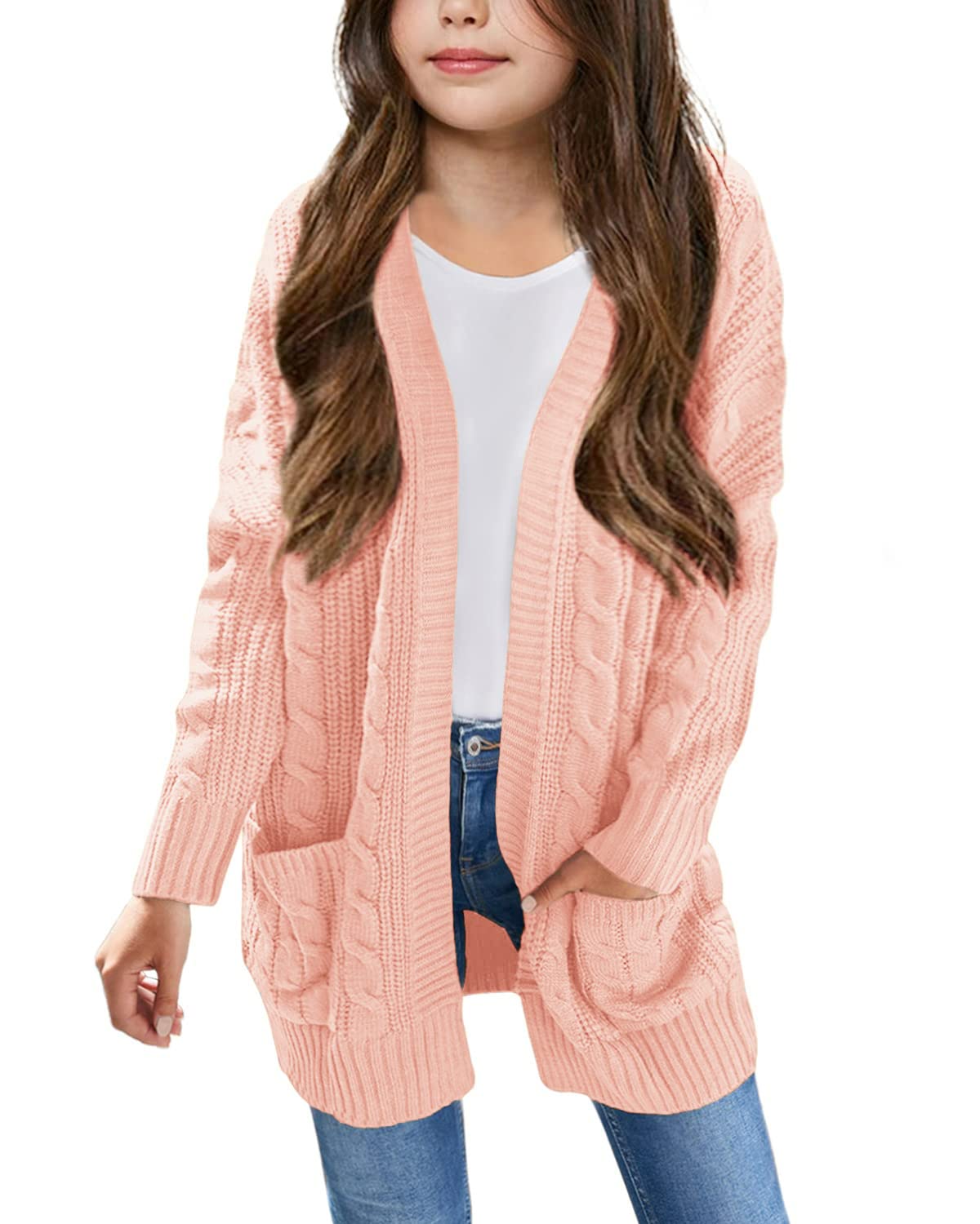 Arshiner Girls Long Sleeve Sweater Kids Plain Holiday Cardigan Clothes Thick Knit Drop Shoulder Clothing Pink