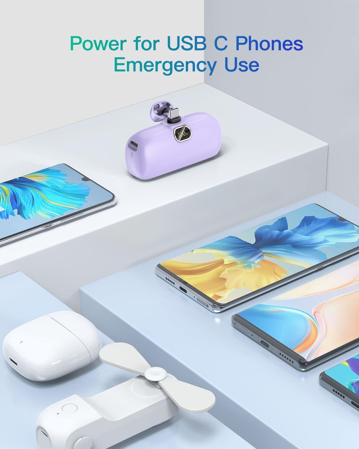 Kuulaa Portable Charger USB C with Built-in USB-C Plug, 5000mAh PD20W Fast Charging Power Bank, LCD Digital Display Battery Pack for iPhone 15/16,Samsung S22/S23 & Android (Purple)