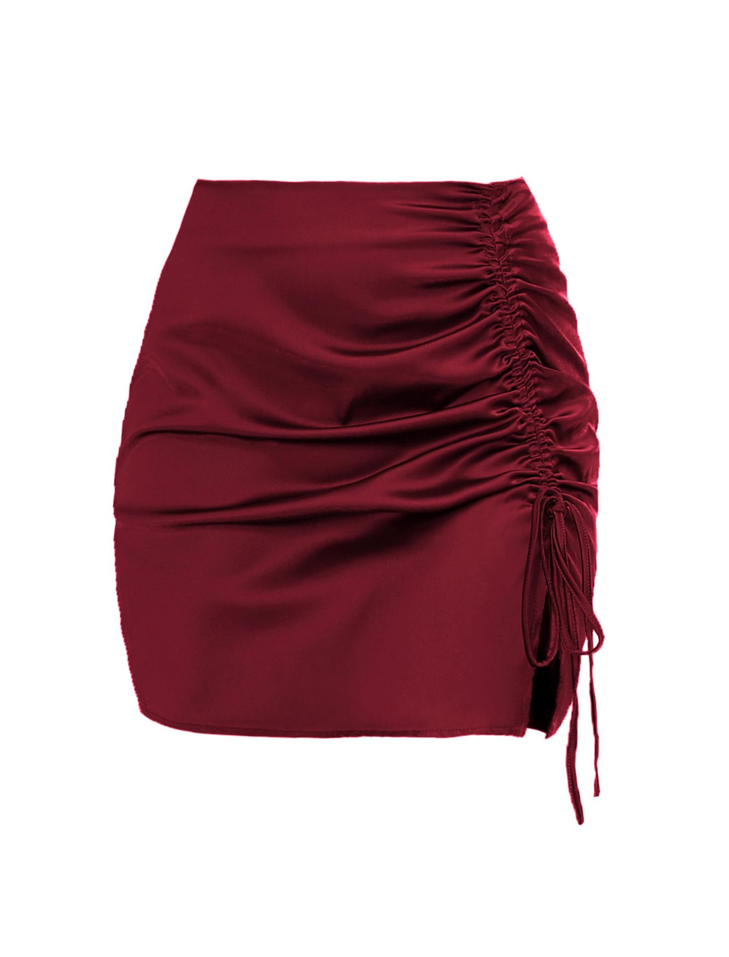 ZAFUL Women Satin Mini Skirts Sexy High Waisted Ruched Silk Bodycon Split Zipper Short Skirt (Red, M)