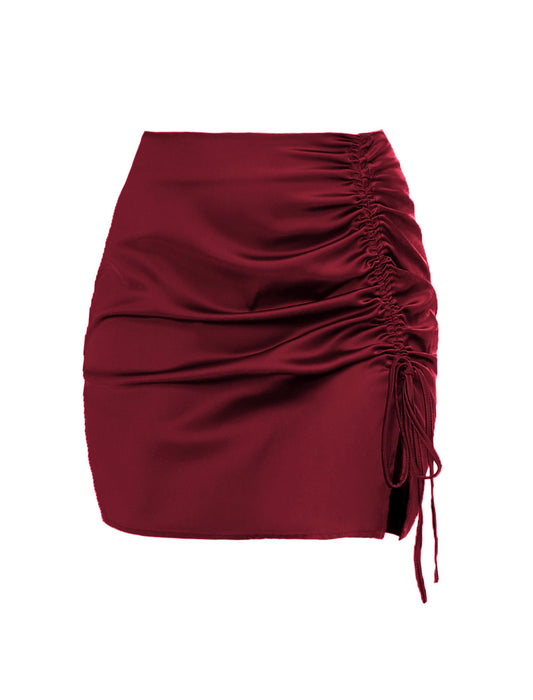 ZAFUL Women Satin Mini Skirts Sexy High Waisted Ruched Silk Bodycon Split Zipper Short Skirt (Red, M)