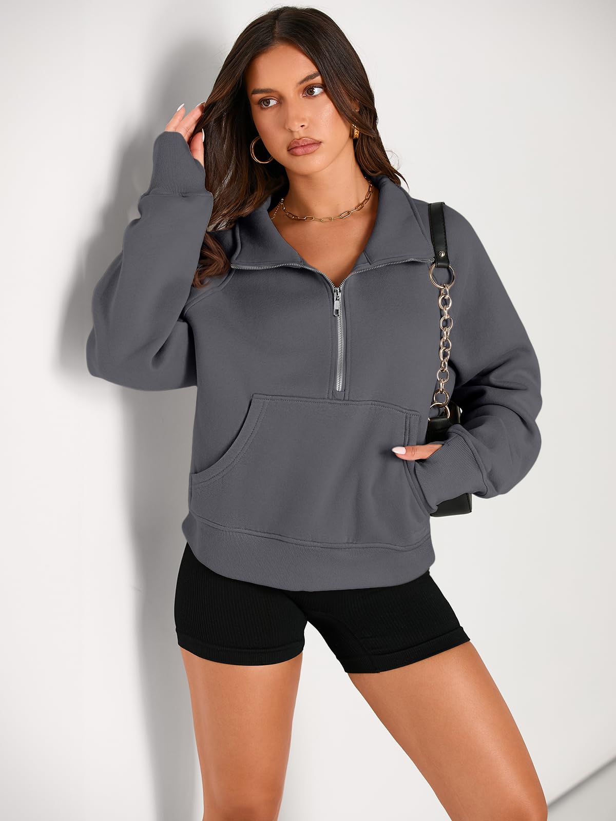 AUTOMET Womens Sweatshirts Half Zip Cropped Pullover Fleece Quarter Zipper Sweater Hoodies 2025 Fall Fashion Outfits Clothes DarkDrey Small