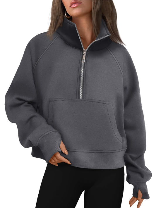 AUTOMET Womens Sweatshirts Half Zip Cropped Pullover Fleece Quarter Zipper Sweater Hoodies 2025 Fall Fashion Outfits Clothes DarkDrey Small