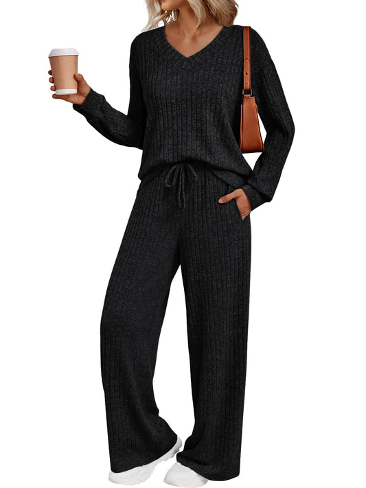 LILLUSORY Lounge Sets for Women 2 Piece Cute Long Sleeve V Neck Tops Pajama Pants Pjs Sets Sleepwears Fall Clothes Outfits Black XL