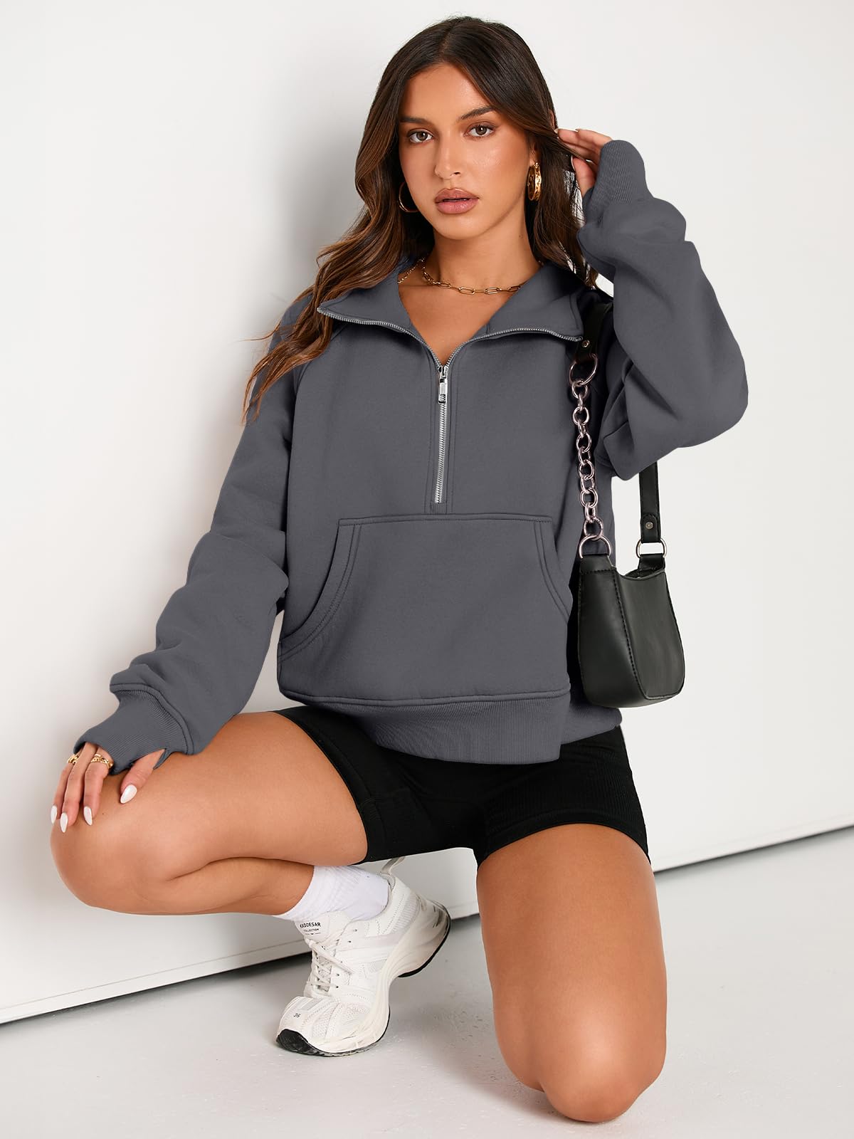 AUTOMET Womens Sweatshirts Half Zip Cropped Pullover Fleece Quarter Zipper Sweater Hoodies 2025 Fall Fashion Outfits Clothes DarkDrey Small