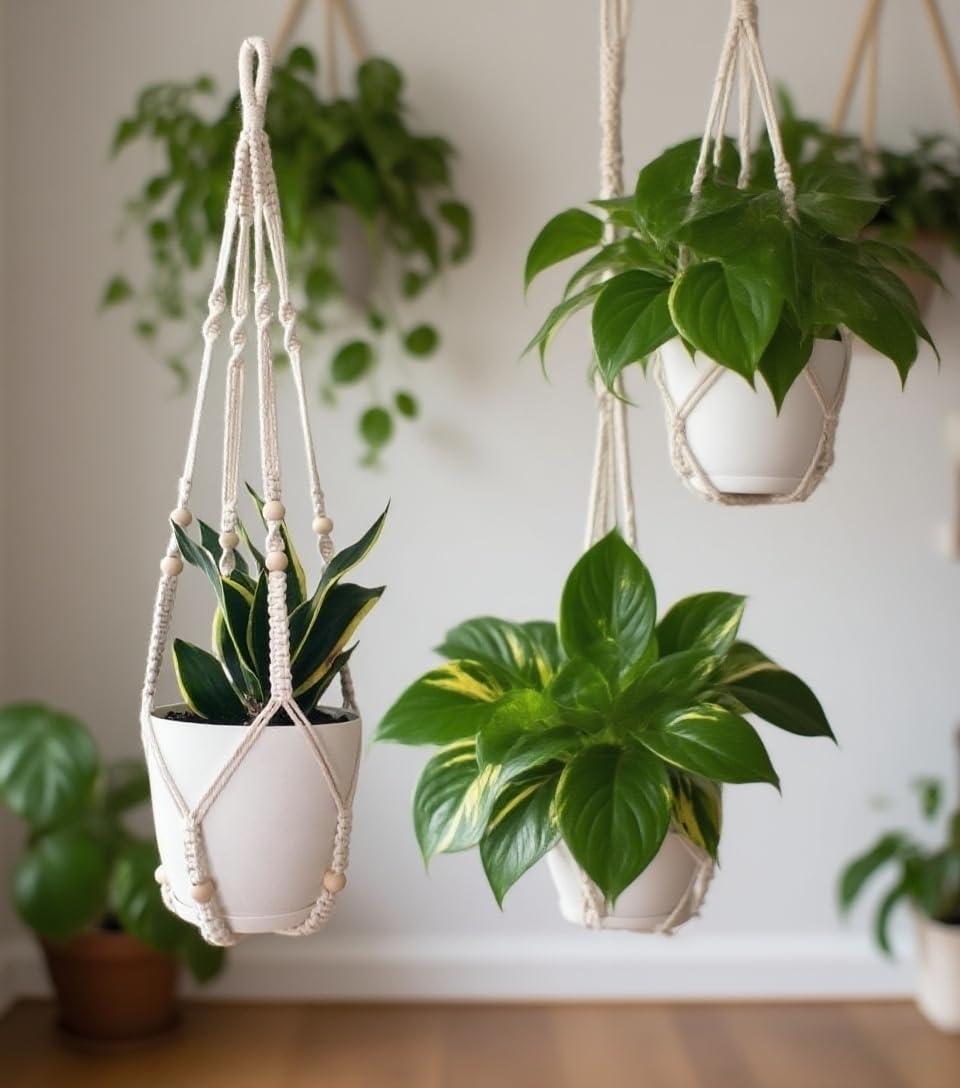 HUIHONGHOME Macrame Plant Hanger for 5-10 Inch Pot White Large Long Indoor Wall Window Crochet Hanging Plant Holder Outdoor Boho Home Decor Basket (Ivory)