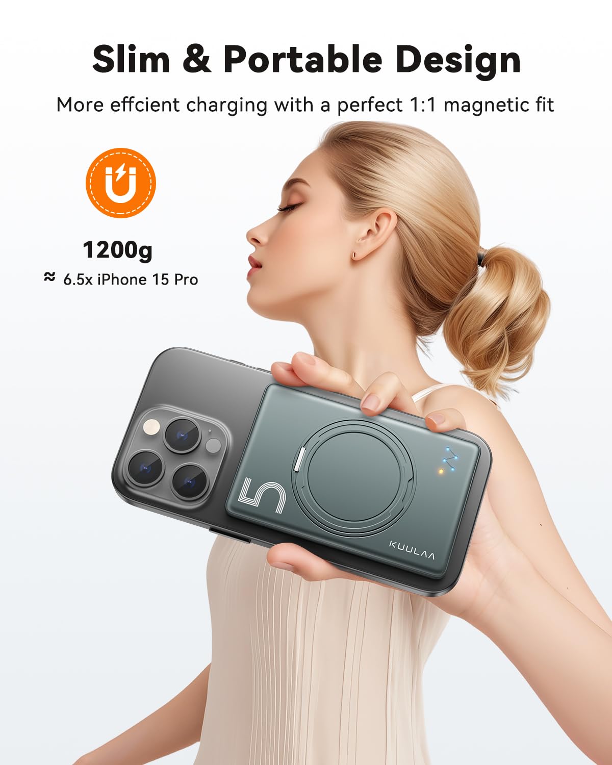 Kuulaa Magnetic Portable Charger Power Bank for iPhone 5000mAh Slim PD 20W USB C Battery Pack for Magsafe with Rotable Stand for iPhone 16/15/14/13/12 Series (Grey)