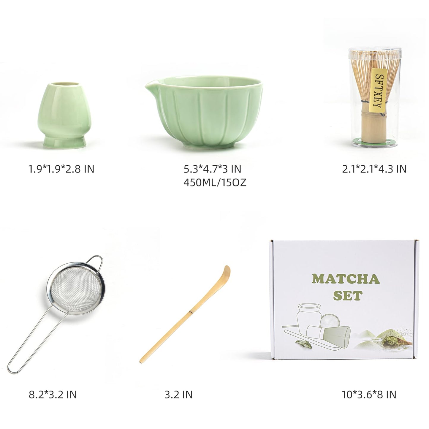 SFTXEY Matcha Whisk Set, Matcha Bowl with Spout, Matcha Whisk, Chasen Holder, Sifter, Bamboo Scoop - 5 Pcs Perfect Matcha Making Kit for Matcha Lover and Tea Ceremony (Emerald Green)