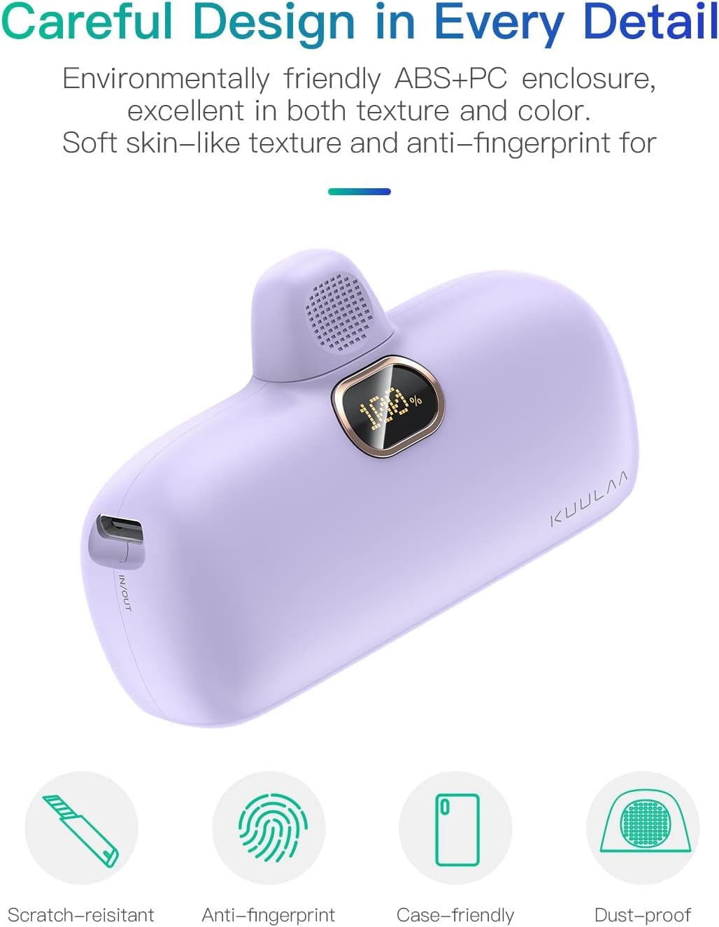 Kuulaa Portable Charger USB C with Built-in USB-C Plug, 5000mAh PD20W Fast Charging Power Bank, LCD Digital Display Battery Pack for iPhone 15/16,Samsung S22/S23 & Android (Purple)