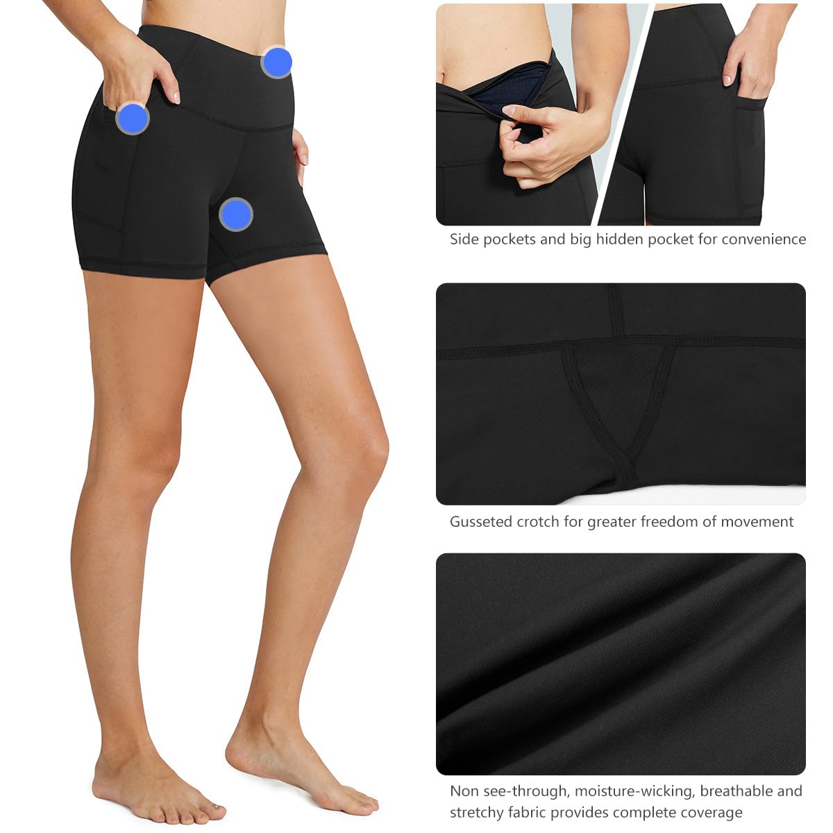 baleaf Biker Shorts Women Tummy Control Yoga Gym Workout Spandex Running Volleyball Compression with Pockets 5" Black M