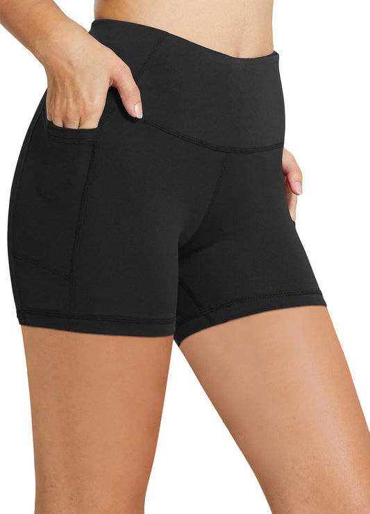 baleaf Biker Shorts Women Tummy Control Yoga Gym Workout Spandex Running Volleyball Compression with Pockets 5" Black M