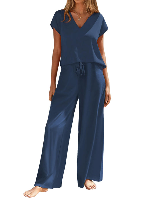 Andeip Womens Loungewear Set V-Neck Top and Wide Pant Sleep Set with Pockets Blue L