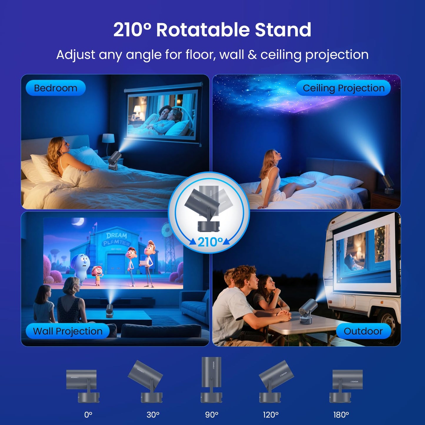 WISHOLY Projector with WiFi and Bluetooth, Mini Portable Projector with Built-in Rechargeable Battery for Outdoor, 1080P Supported, Electric Focus & Auto Keystone, Home Theater with 210° Mount