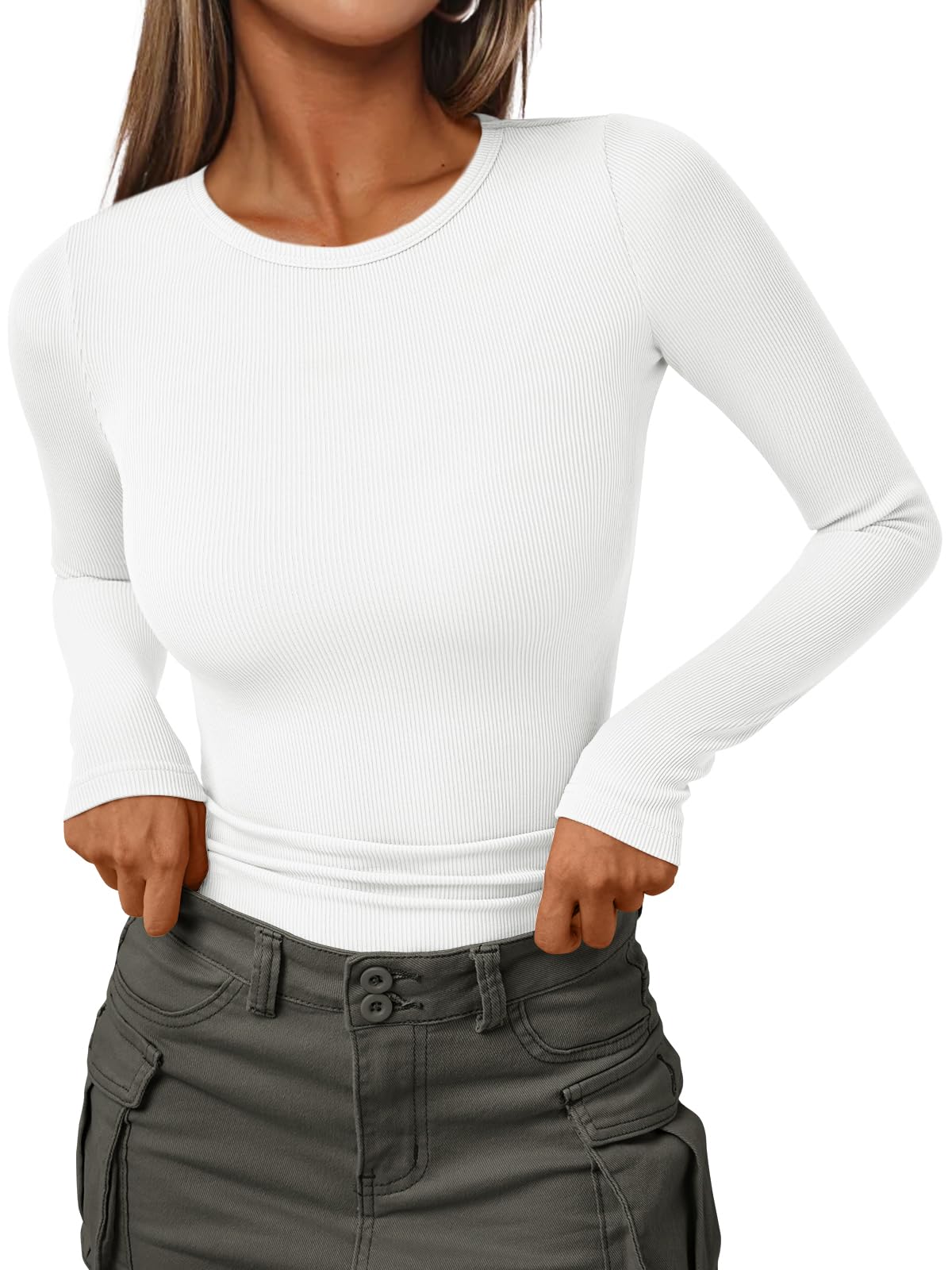 AUTOMET Long Sleeve Shirts for Women 2025 Fall Fashion Ribbed Knit Tops Casual Basic Fitted T Tshirts Tight Underscrub Slim Cotton Trendy Teen Cute Clothes Going Out Workout Outfits White XL