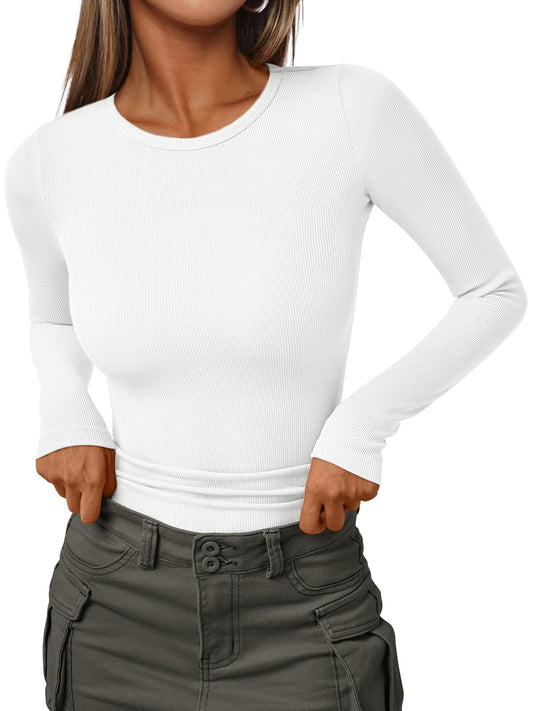 AUTOMET Long Sleeve Shirts for Women 2025 Fall Fashion Ribbed Knit Tops Casual Basic Fitted T Tshirts Tight Underscrub Slim Cotton Trendy Teen Cute Clothes Going Out Workout Outfits White XL
