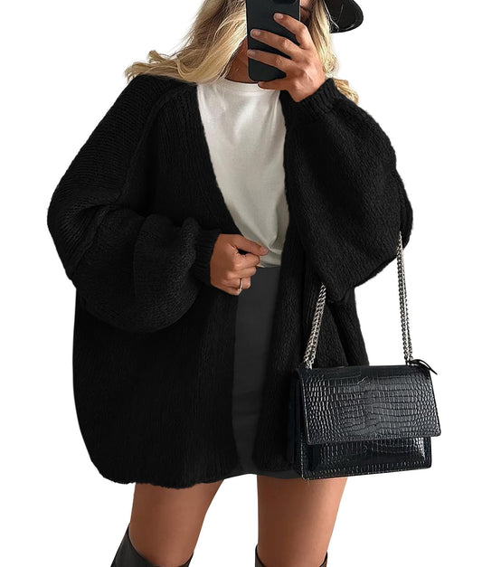 PRETTYGARDEN Womens Oversized Cardigan Sweaters 2025 Fall Long Lantern Sleeve Knit Open Front Lightweight Sweater (Black,Small)