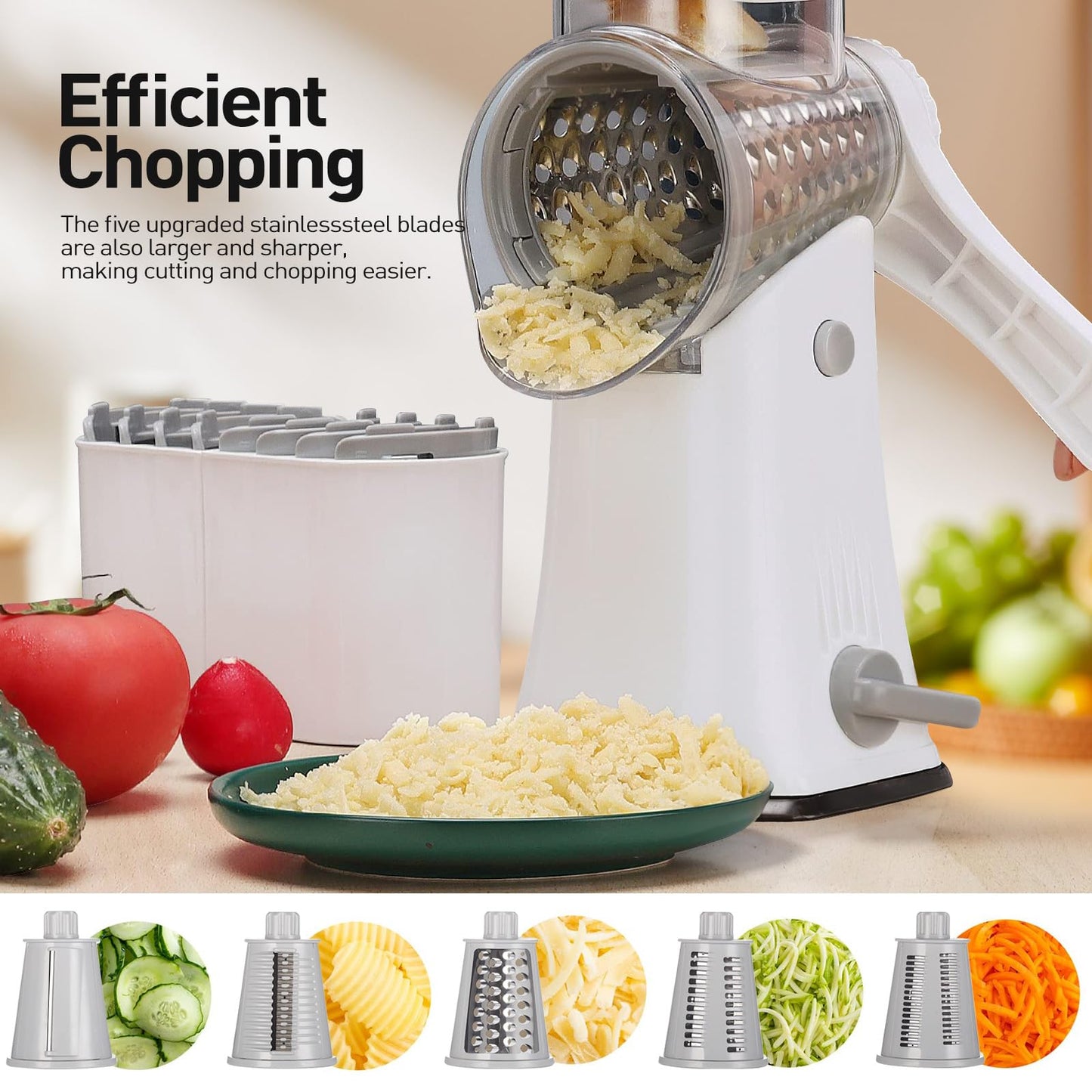 APSARAS USA Cheese Grater Hand Crank, Rotary Cheese Grater, 5 in 1 Rotary Grater, Cheese Shredder Replaceable Stainless Blades with Strong Suction Base, Easy to Clean Kitchen Gadgets with Storage Box