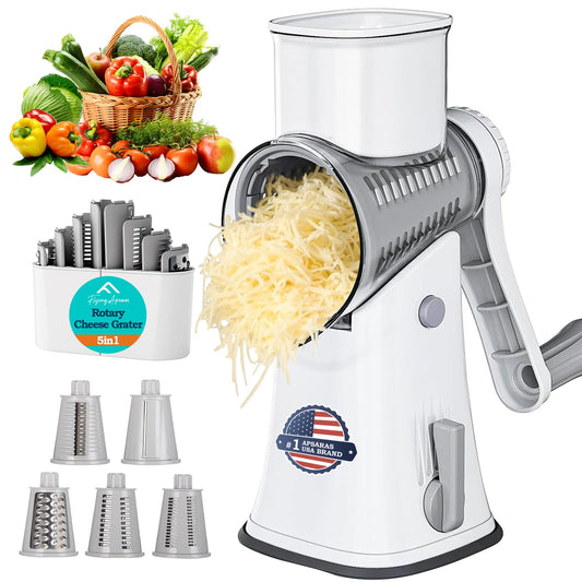 APSARAS USA Cheese Grater Hand Crank, Rotary Cheese Grater, 5 in 1 Rotary Grater, Cheese Shredder Replaceable Stainless Blades with Strong Suction Base, Easy to Clean Kitchen Gadgets with Storage Box