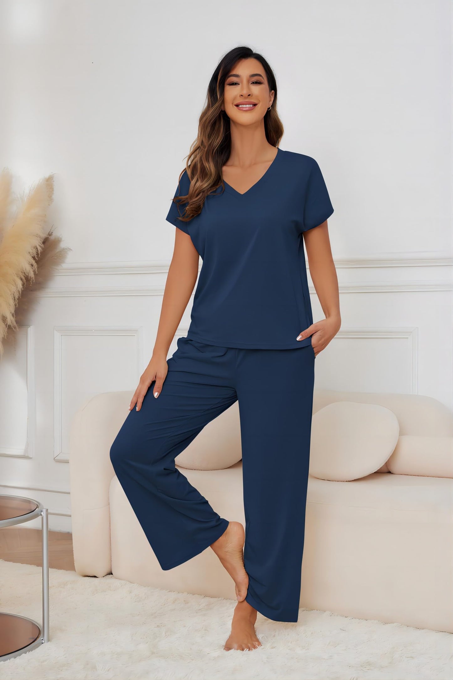 Andeip Womens Loungewear Set V-Neck Top and Wide Pant Sleep Set with Pockets Blue L