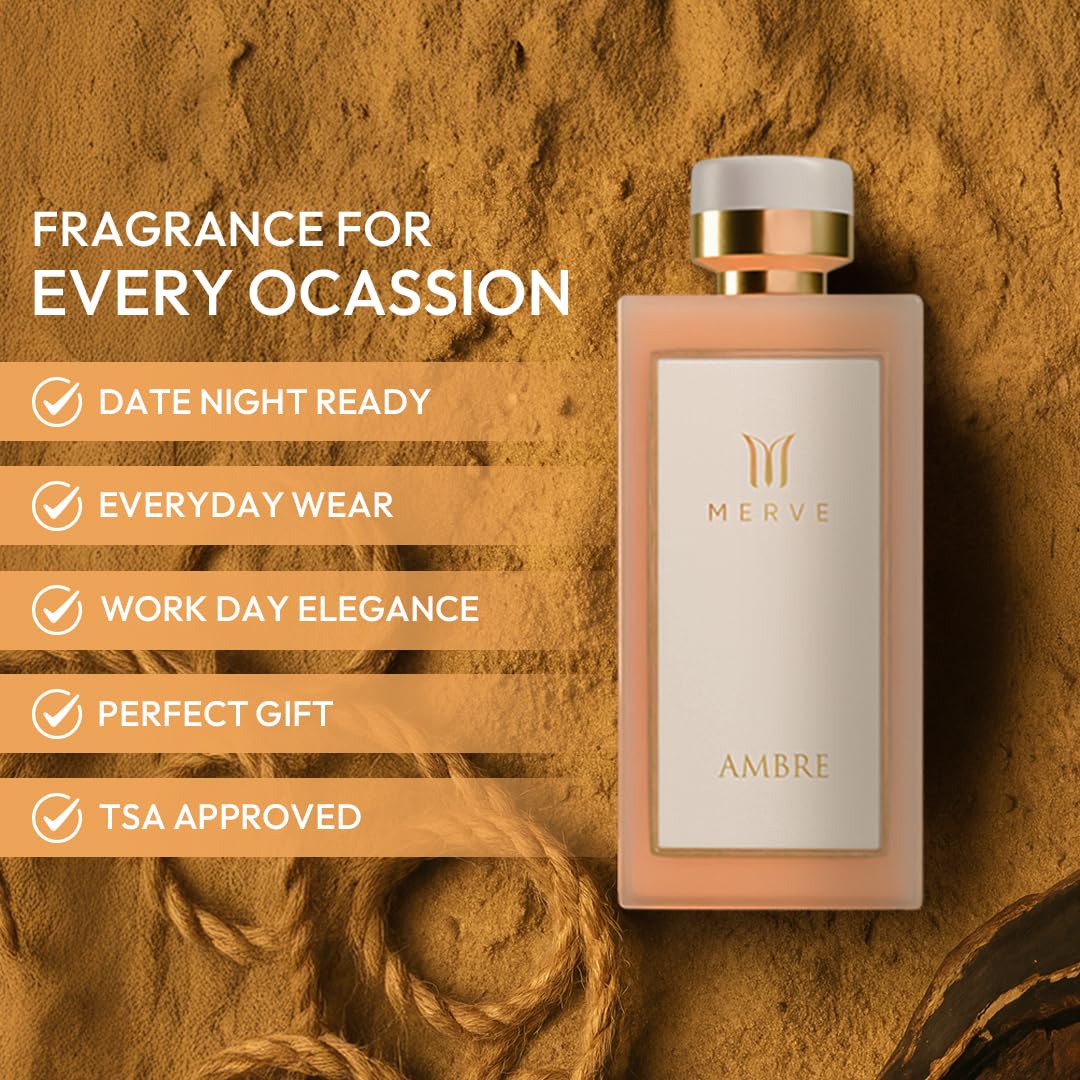 Merve Ambre Perfume For Women 3.4 oz | Premium Long Lasting Fragrance Luxury Scent | Jasmine, Honey, Floral, Fruity, Soft Spicy, Amber, Musk | Eau de Parfum