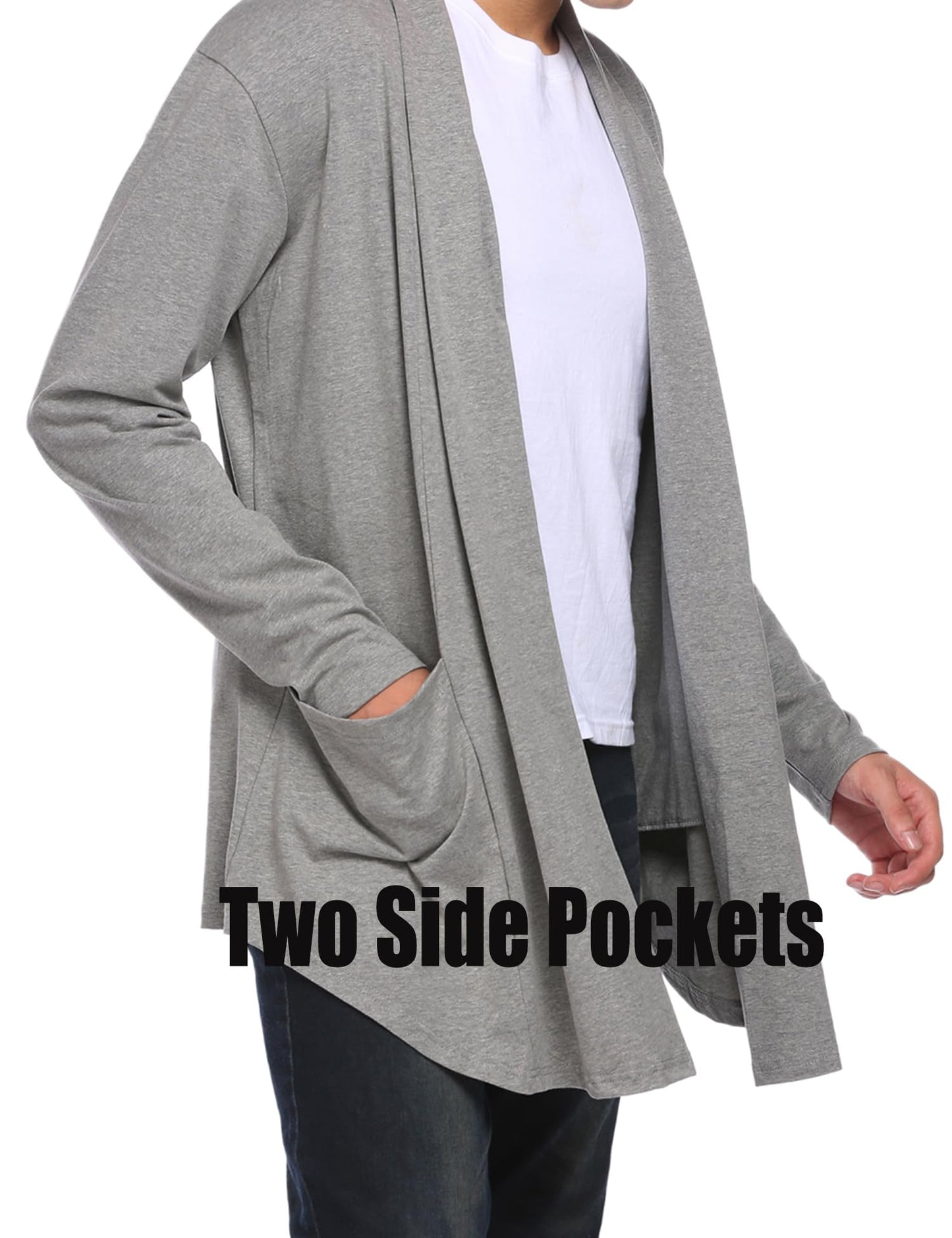 COOFANDY Mens Ruffle Shawl Collar Open Front Lightweight Long Length Drape Cape Overcoat Sweater with Pockets Grey Medium