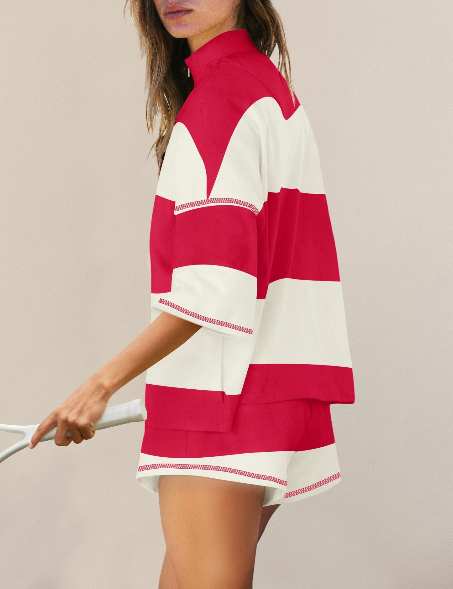 Panadila Women Striped Workout Set Two Piece Outfit Tracksuit Oversized Lounge Set Top and Shorts Sets with Pockets(Red White Combo,M)