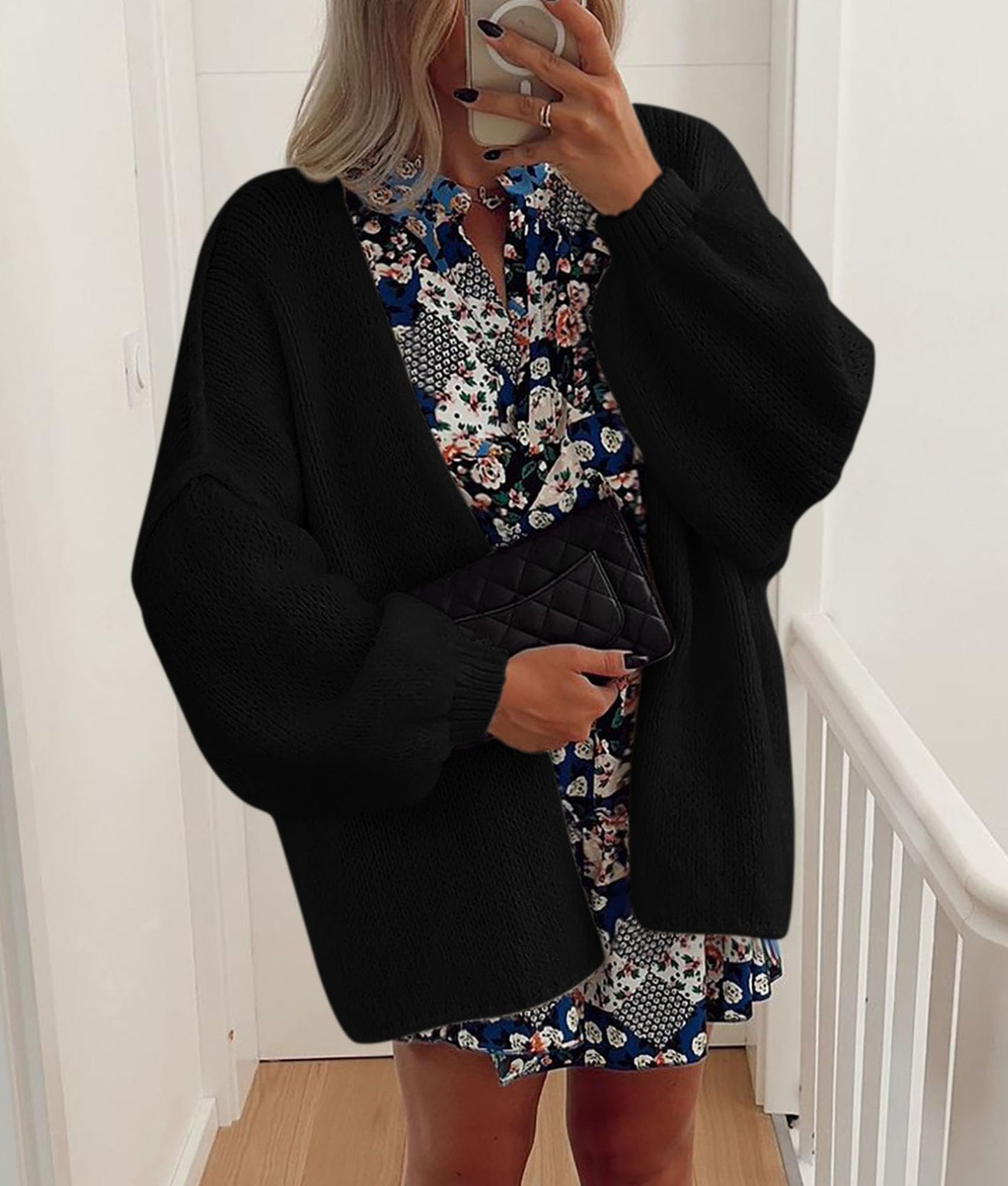 PRETTYGARDEN Womens Oversized Cardigan Sweaters 2025 Fall Long Lantern Sleeve Knit Open Front Lightweight Sweater (Black,Small)